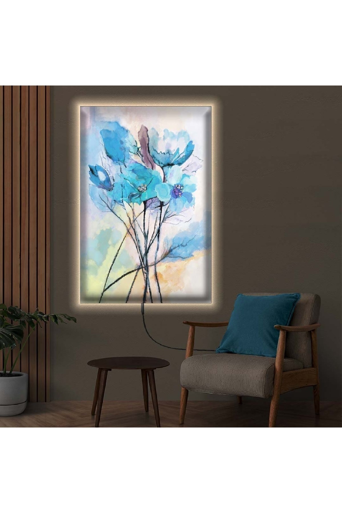 Salon Tablosu Ledli Çiçek Desen Ahşap Şase Dijital Baskı Kanvas Tablo 50X70Cm