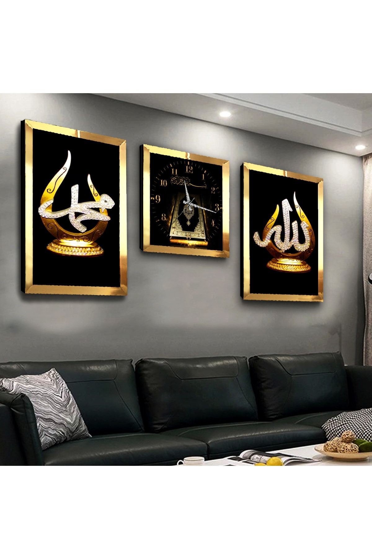 Gold Aynalı Pleksi Çerçeveli Hz Muhammed Ve Allah Lafzı Üçlü Mdf Tablo Seti Ve Saat Seti