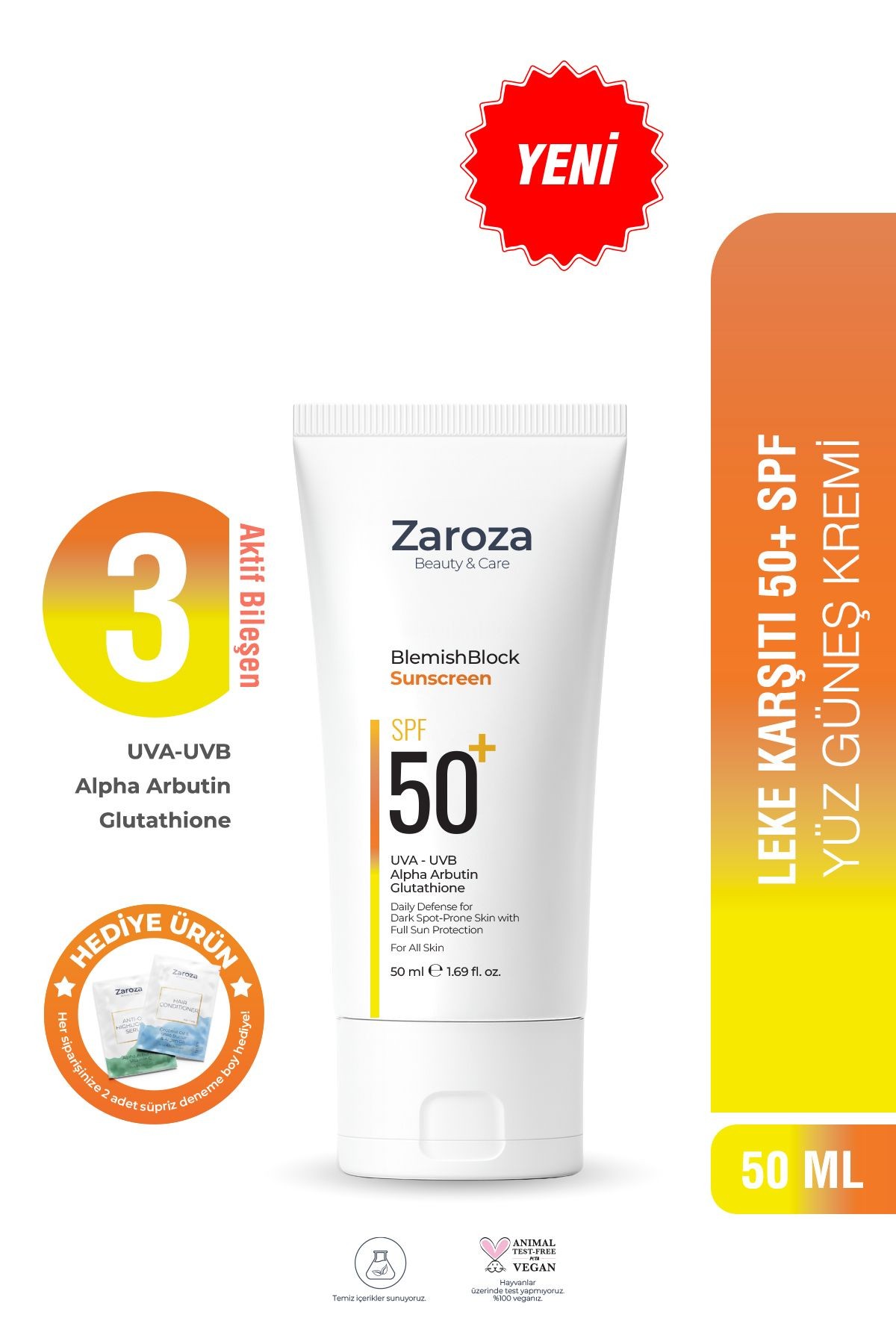 Leke Karşıtı ve Aydınlatıcı UVA UVB SPF50+ Güneş Kremi 50 ML (Arbutin + Glulatyon)