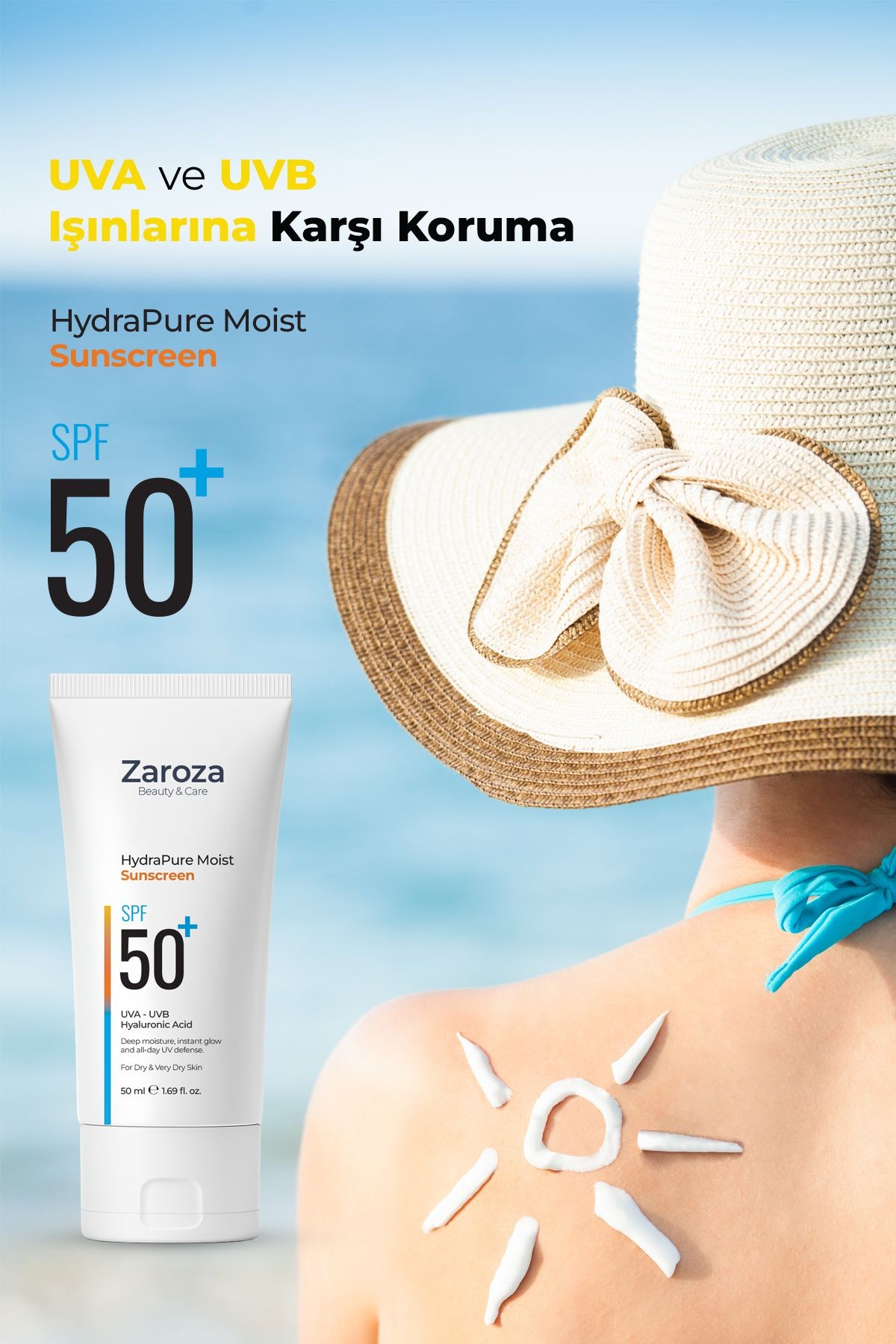 Nemlendirici Etkili Kuru Ciltlere Özel UVA UVB SPF50 + Güneş Kremi 50 ML (Hyaluronic Acid)