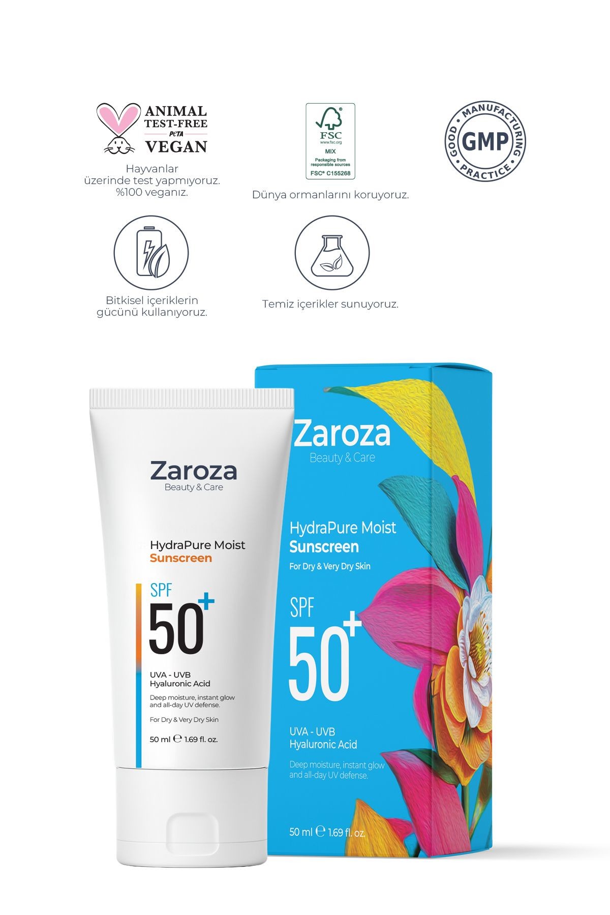 Nemlendirici Etkili Kuru Ciltlere Özel UVA UVB SPF50 + Güneş Kremi 50 ML (Hyaluronic Acid)