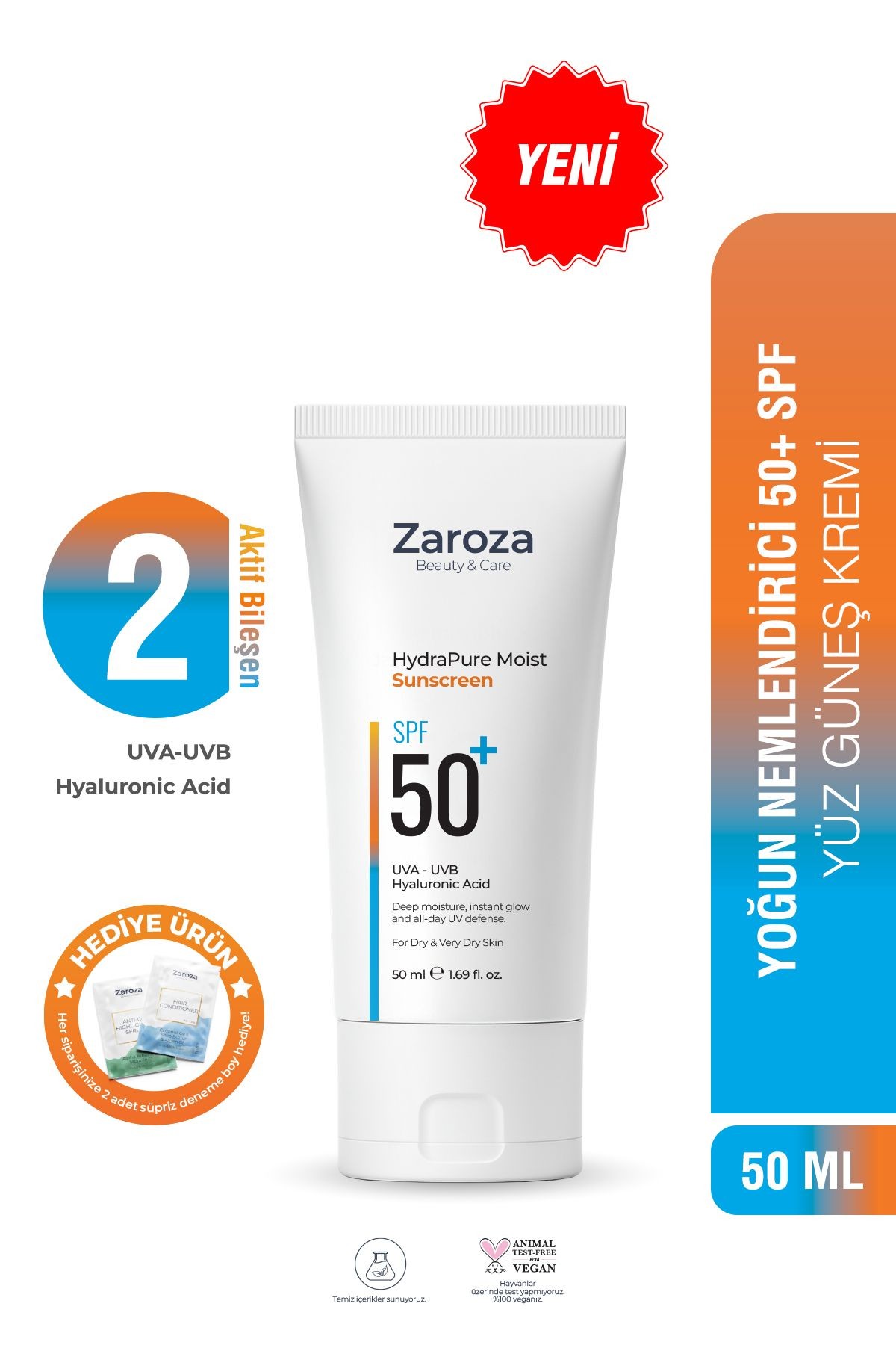 Nemlendirici Etkili Kuru Ciltlere Özel UVA UVB SPF50 + Güneş Kremi 50 ML (Hyaluronic Acid)