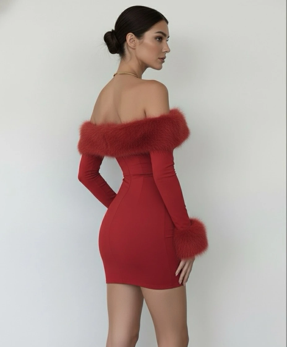 FURRÊ ROUGE OMUZ VE KOL KÜRK DETAY MİNİ ELBİSE-KIRMIZI