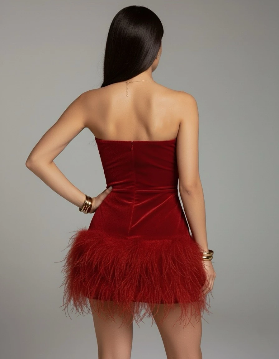 SWAN NOİR TÜYLÜ MİNİ KORSE ELBİSE-KIRMIZI