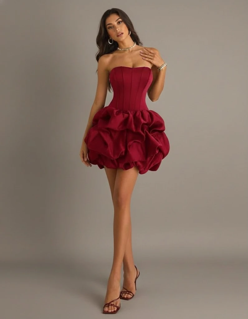 CARMEN MİNİ KORSE BALONLU KIRMIZI ELBİSE