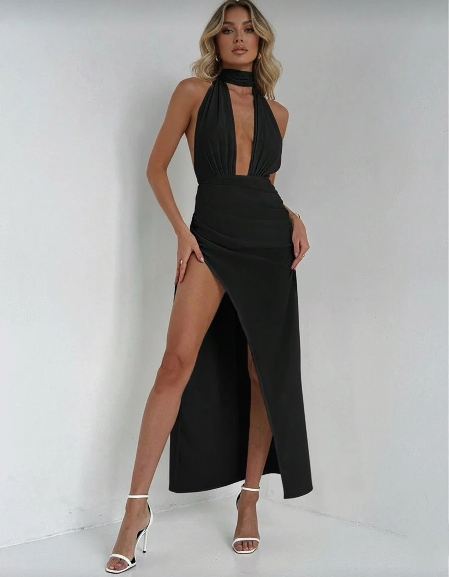 NOİR GODNESS UZUN YIRTMAÇ DERİN GÖĞÜS DEKOLTE ELBİSE 