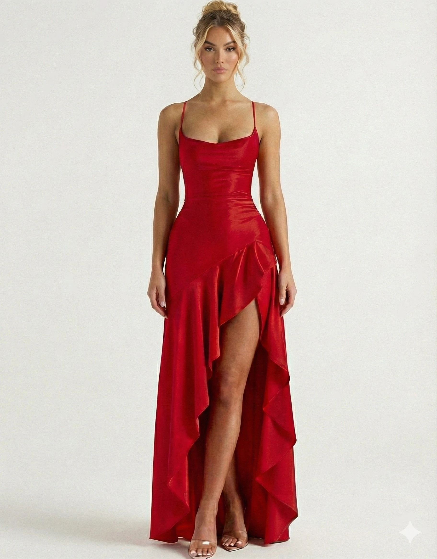 SCARLET NOİR FIRFIRLI SATEN UZUN ELBİSE-KIRMIZI