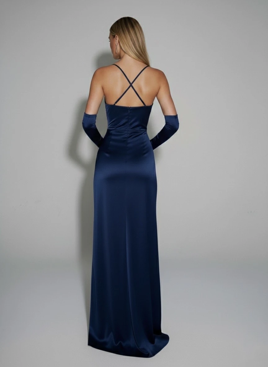 SAPPHİRE MAJESTY UZUN LACİVERT YIRTMAÇLI SATEN KORSE ELBİSE