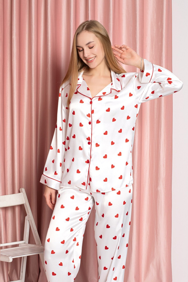 Ekru Saten Kalpli Pijama Takımı