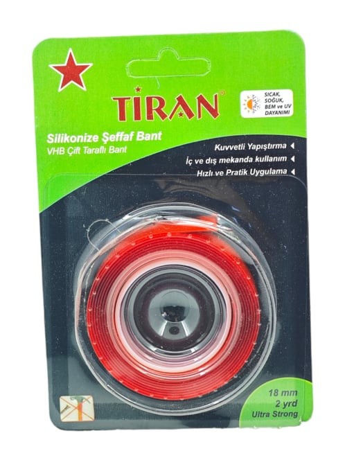 TİRAN ÇİFT TARAFLI SİLİKONİZE ŞEFFAF BANT 18mm 2 yrd 