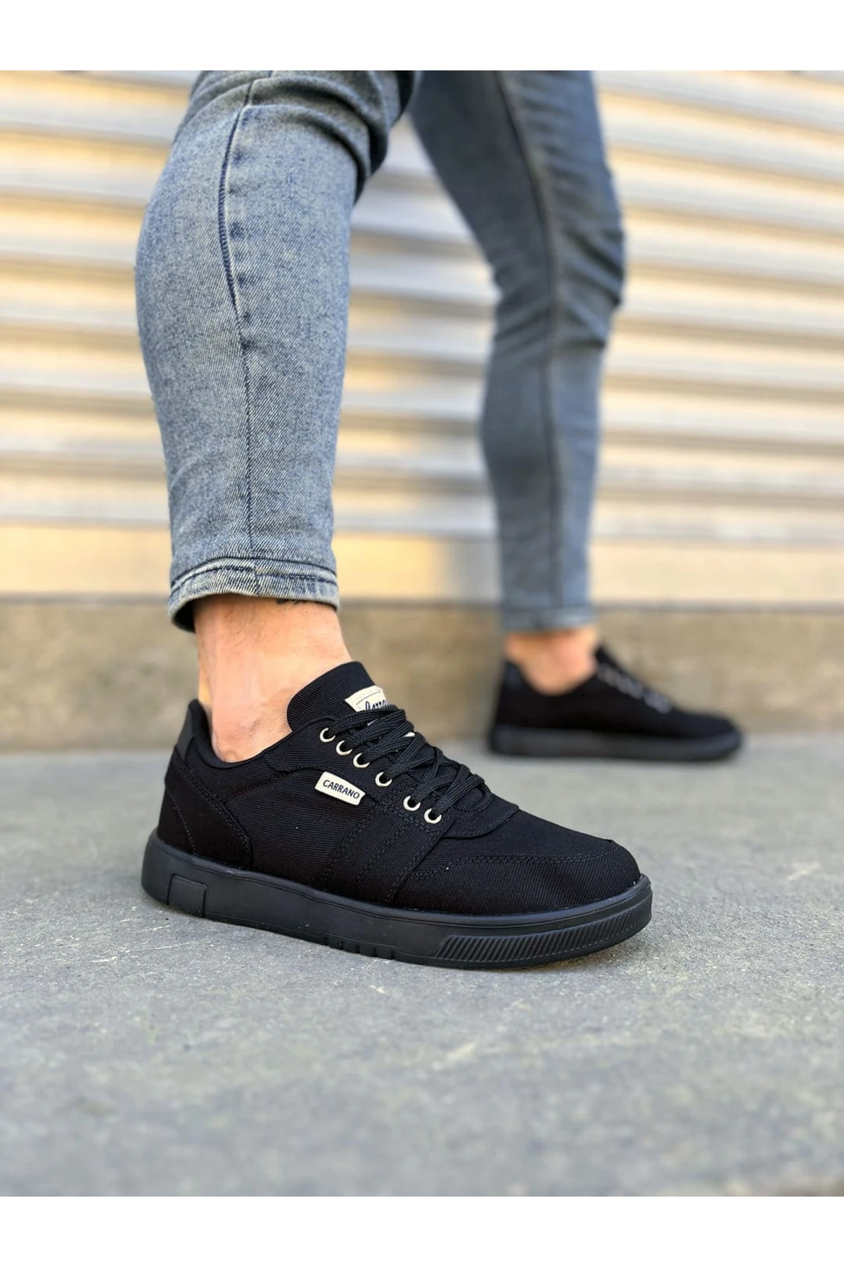 JY0118 REX Bağcıklı Keten Kumaş Erkek Günlük Sneaker Ayakkabı KBT - Lacivert - Siyah