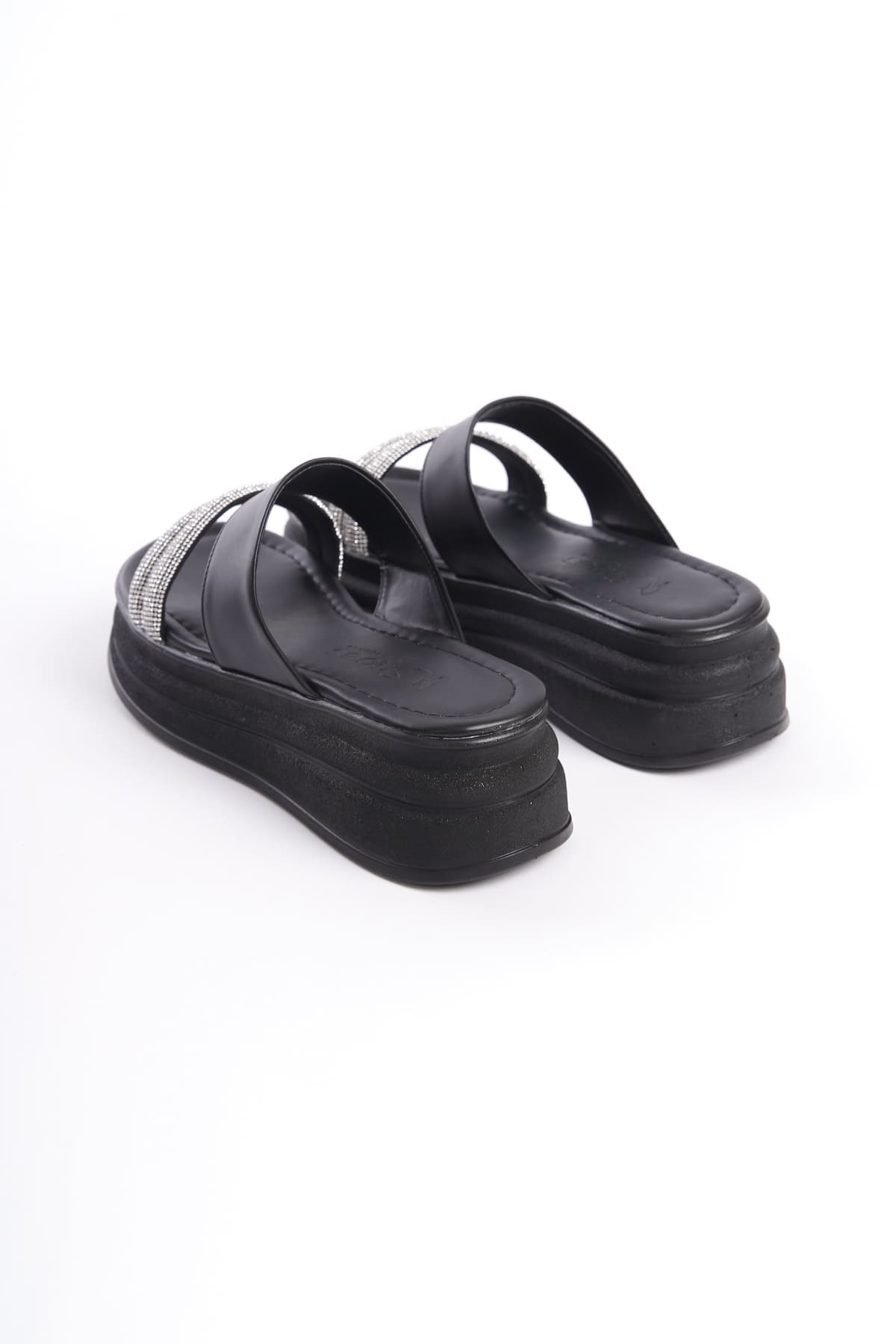 SARAH Düz Topuklu Taşlı Şeritli Kalın Ve Ortopedik Taban Kadın Terlik ST - Siyah