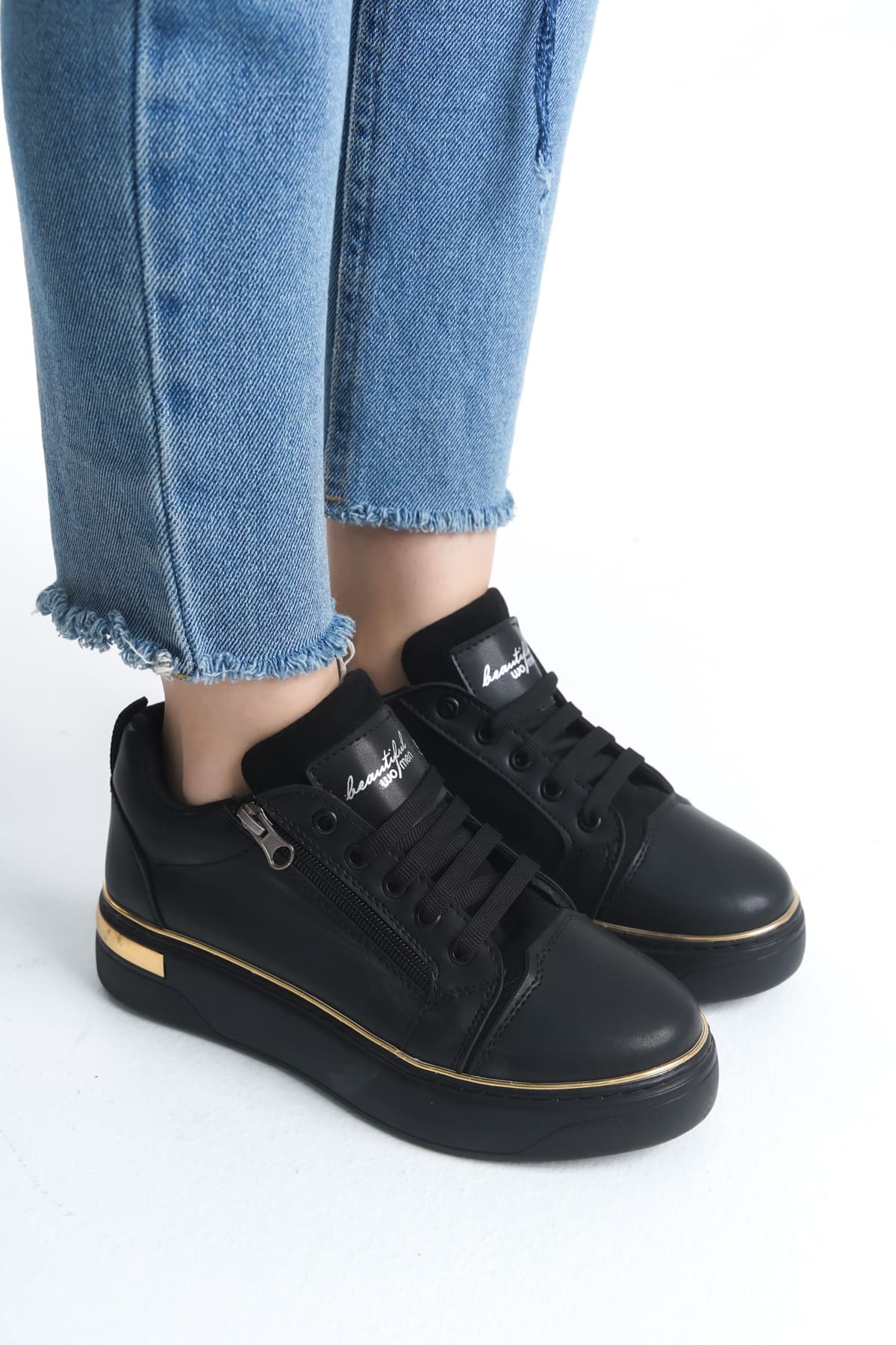 DINA Bağcıklı Fermuarlı Ortopedik Taban Kadın Sneaker Spor Ayakkabı ST - Siyah/Altın