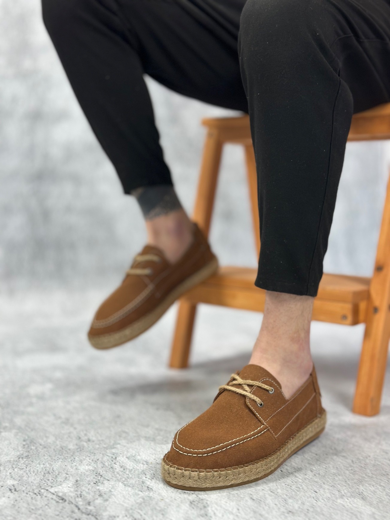 BA0358 Doğal Deri Tozu Bağcıklı Kauçuk El Yapımı Espadril Taban Taba Renk Erkek Ayakkabı