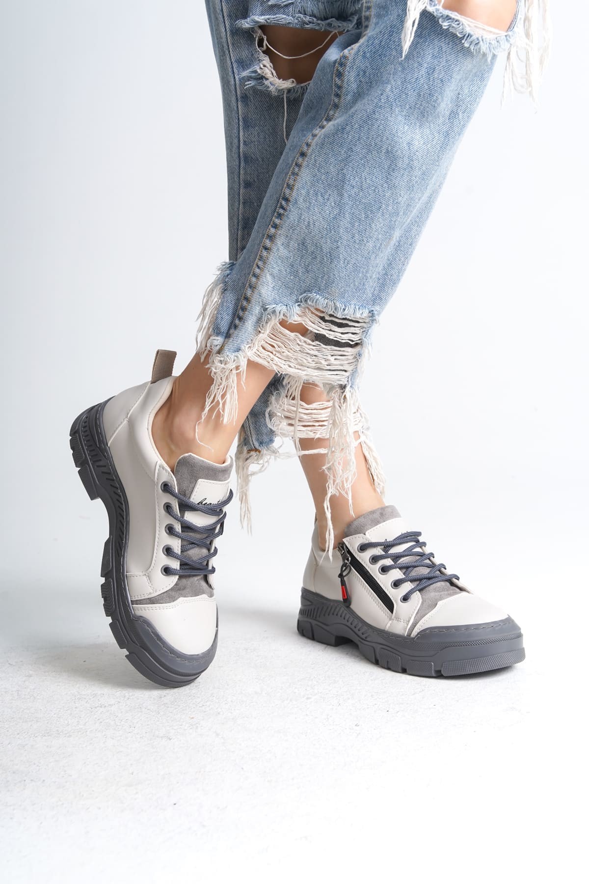 AGATHA Bağcıklı Fermuarlı Ortopedik Taban Kadın Sneaker Spor Ayakkabı GT - Krem