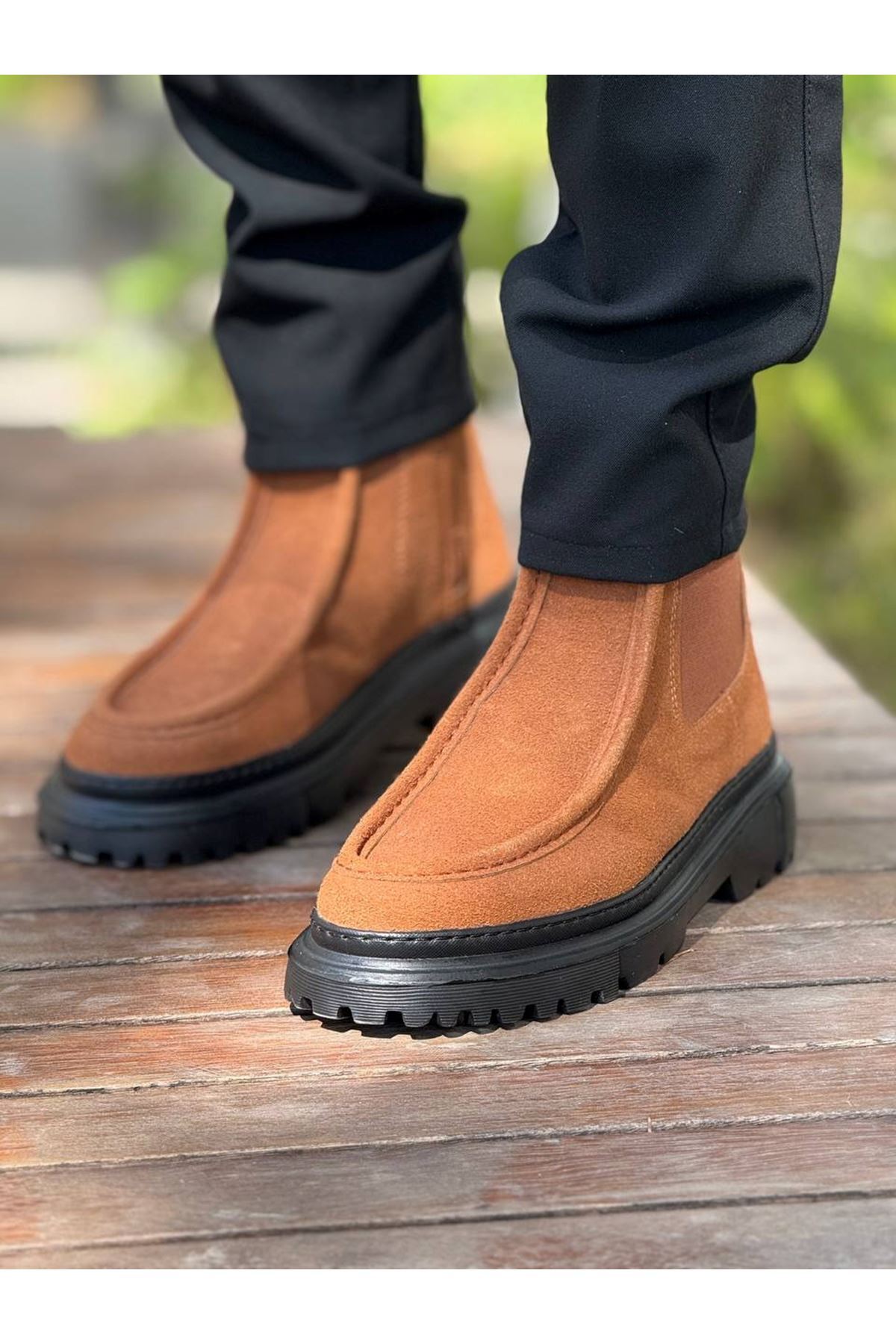 YG2433 Erkek Fermuarlı Klasik Cilt Bot Siyah - CST - taba-süet-sst