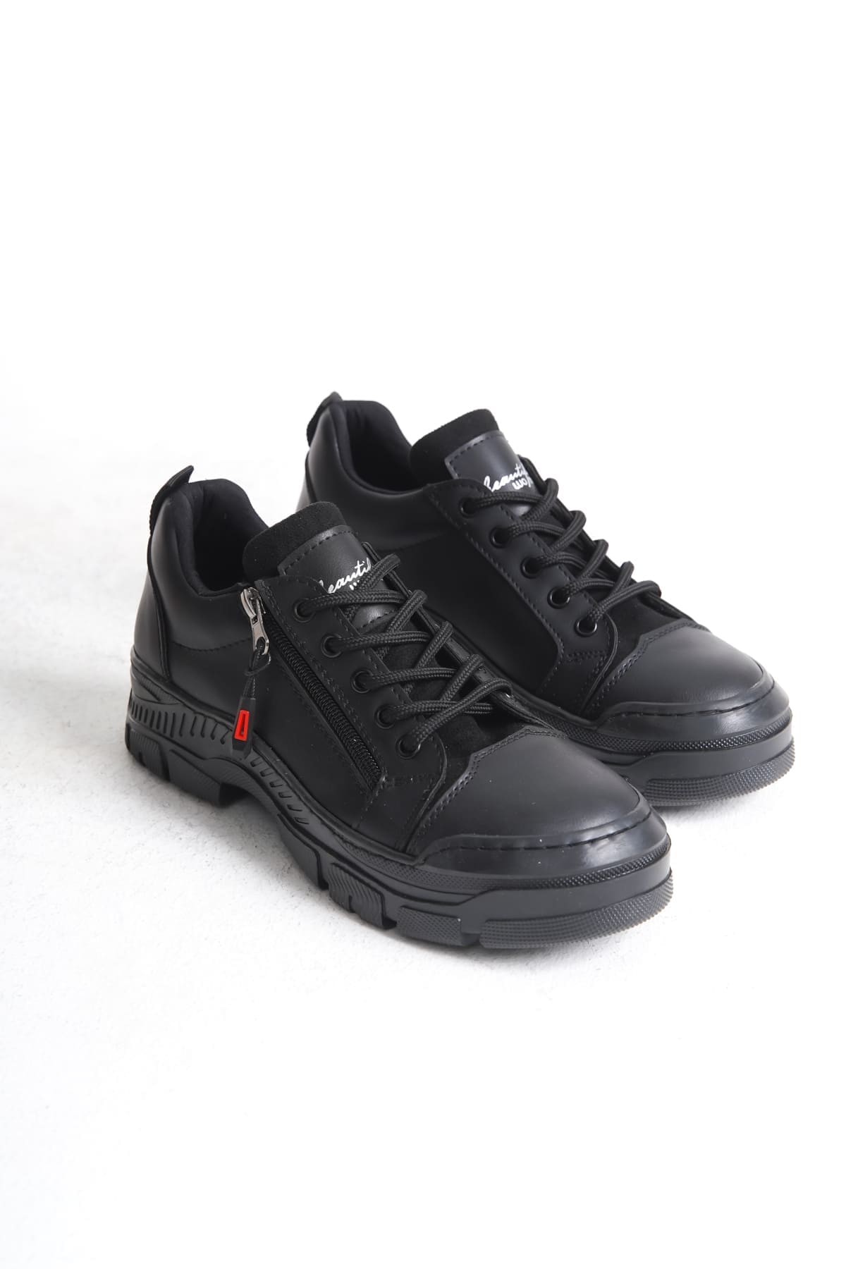 AGATHA Bağcıklı Fermuarlı Ortopedik Taban Kadın Sneaker Spor Ayakkabı ST - Siyah
