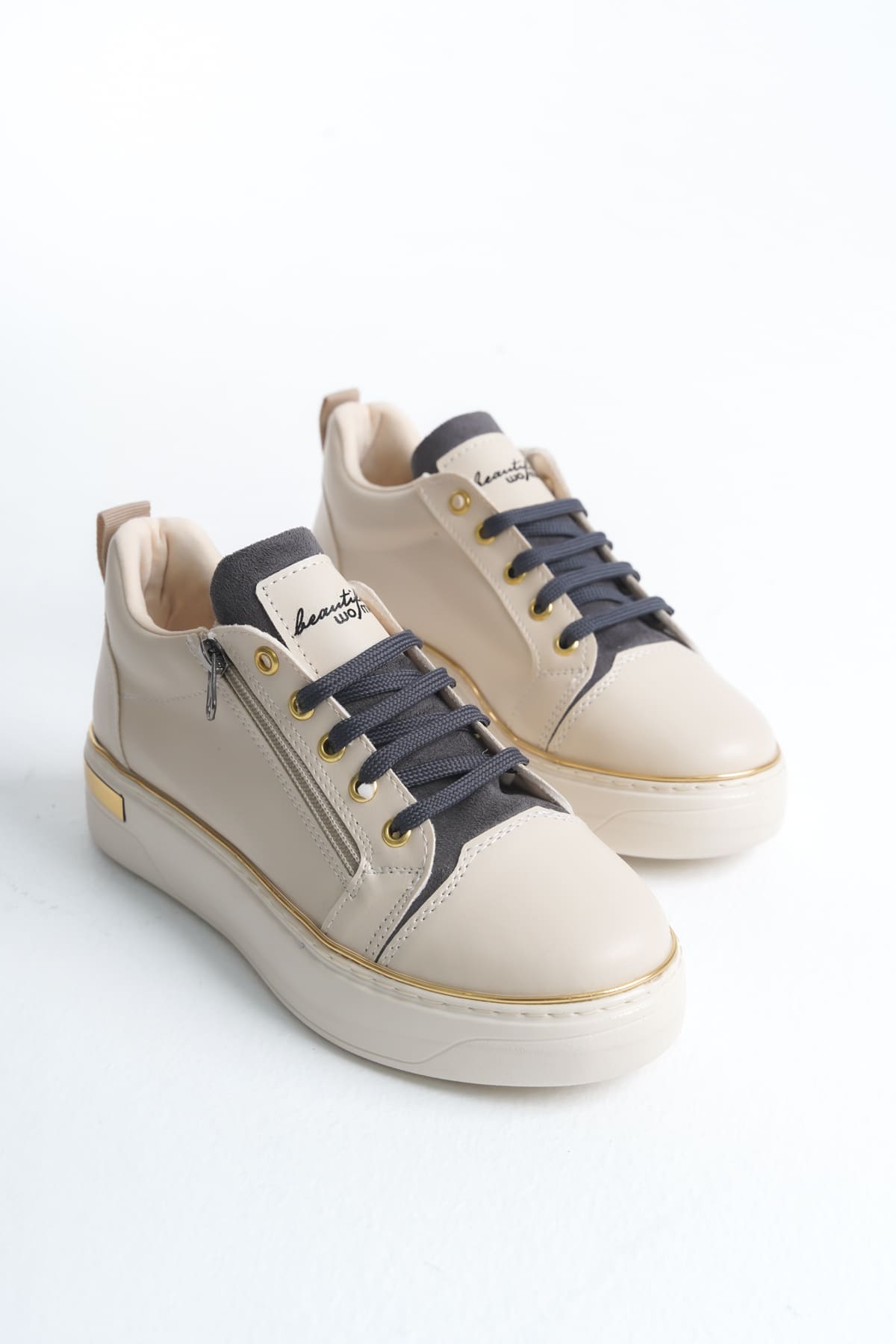 DINA Bağcıklı Fermuarlı Ortopedik Taban Kadın Sneaker Spor Ayakkabı KT - Krem/Gri/Altın