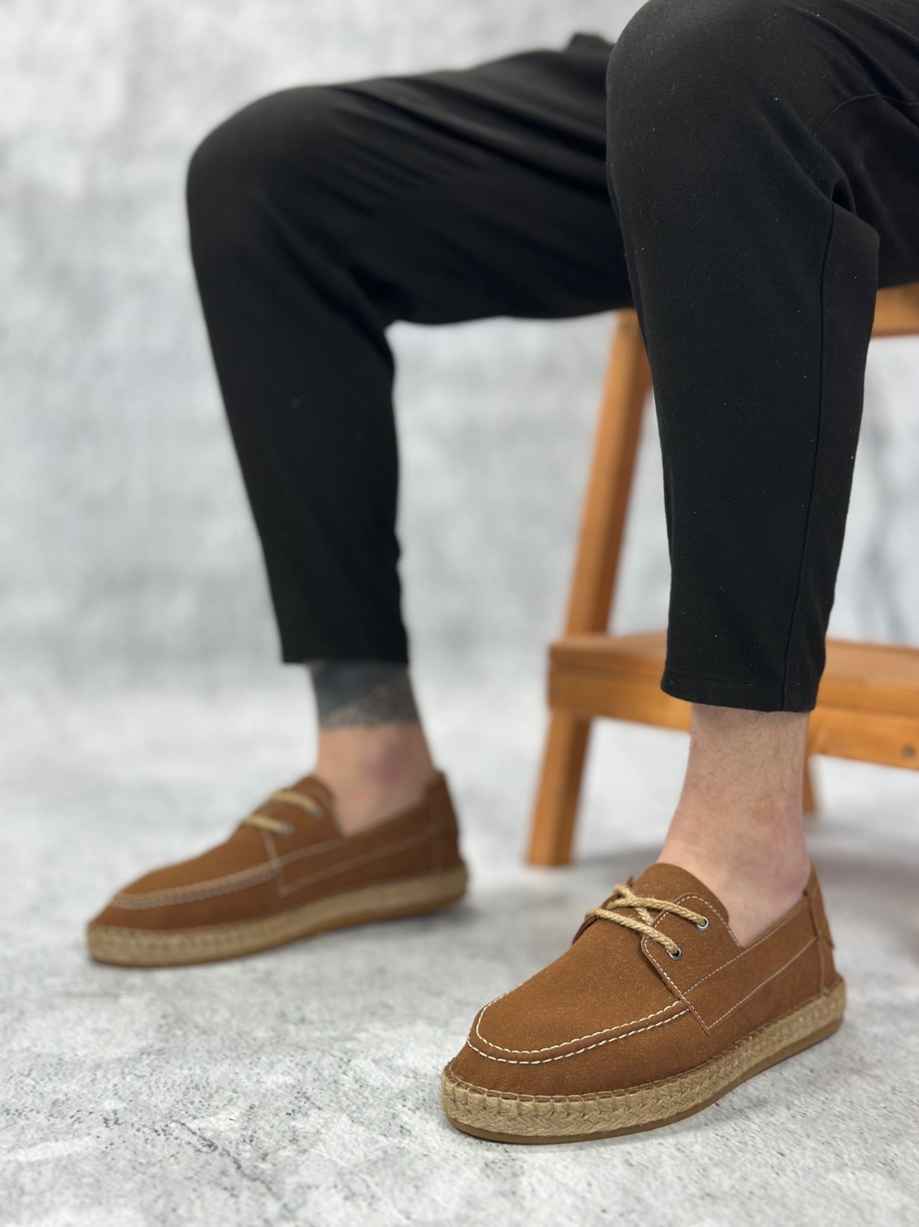 BA0358 Doğal Deri Tozu Bağcıklı Kauçuk El Yapımı Espadril Taban Taba Renk Erkek Ayakkabı