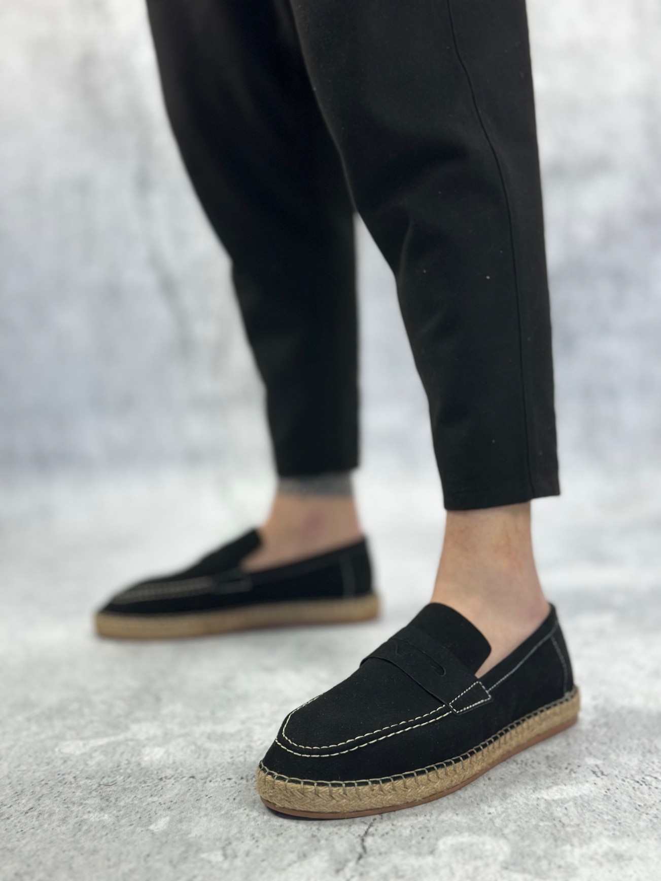 BA0359 Doğal Deri Tozu Bağcıksız Kauçuk El Yapımı Espadril Taban Siyah Renk Erkek Ayakkabı