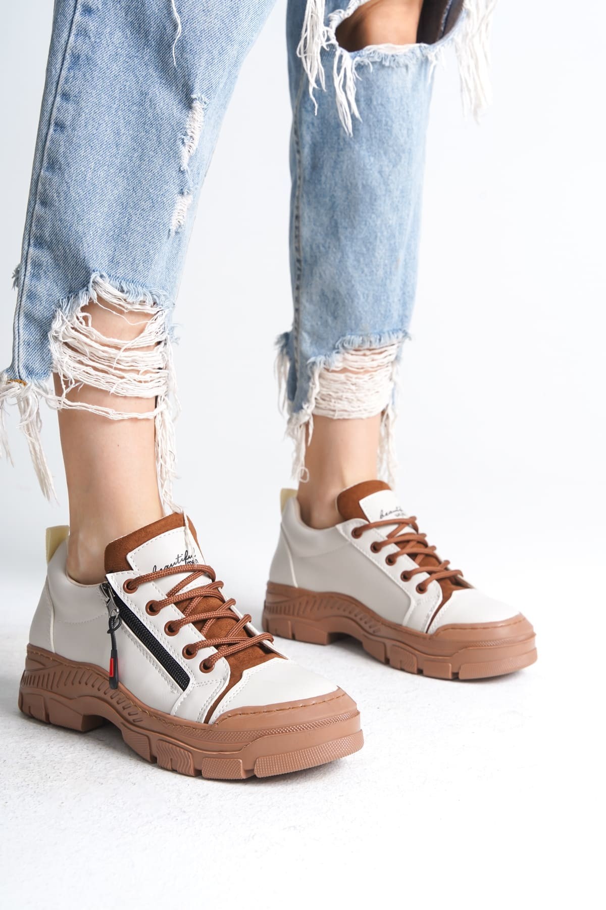 AGATHA Bağcıklı Fermuarlı Ortopedik Taban Kadın Sneaker Spor Ayakkabı  TT - Krem