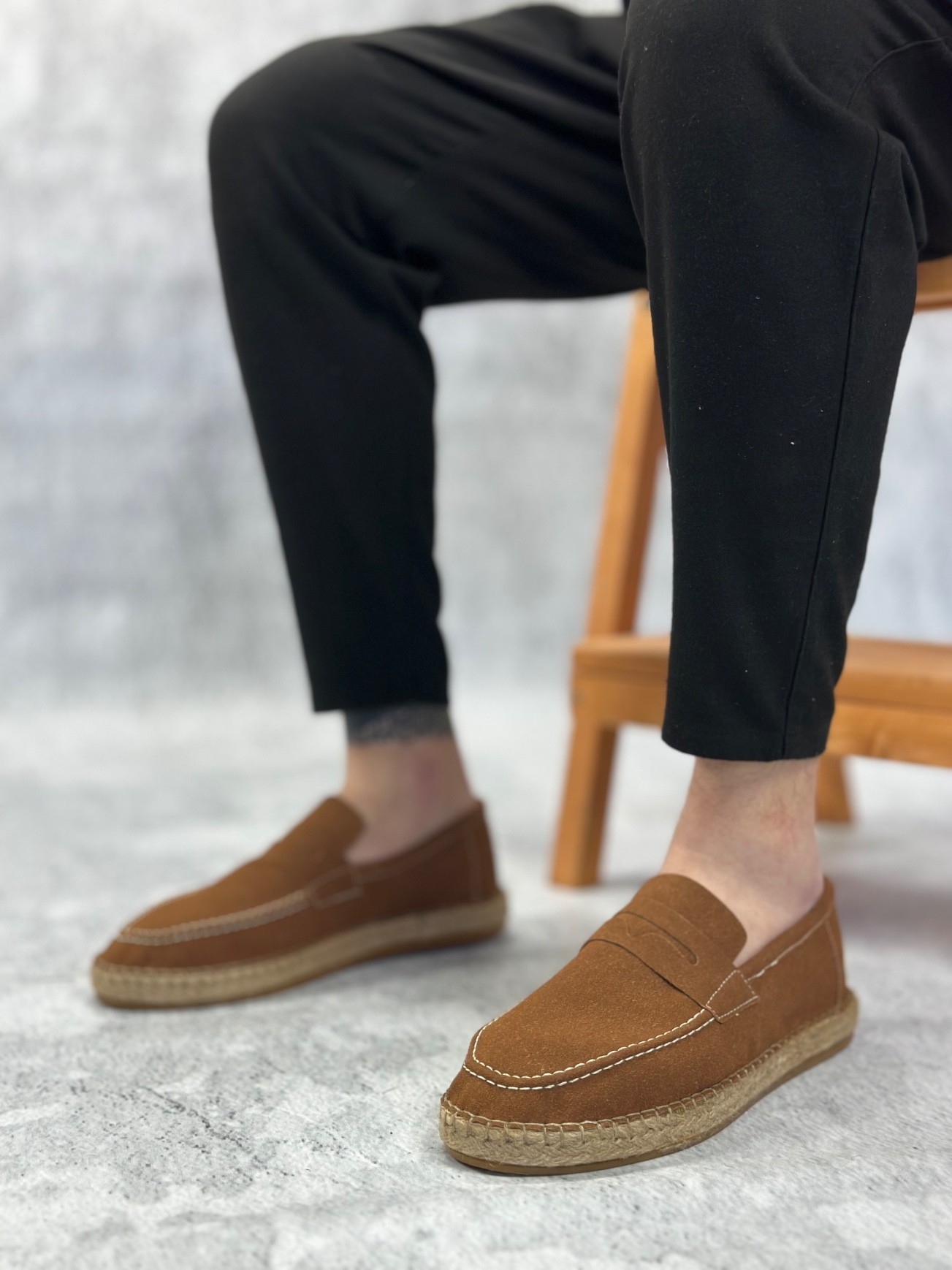 BA0359 Doğal Deri Tozu Bağcıksız Kauçuk El Yapımı Espadril Taban Taba Renk Erkek Ayakkabı