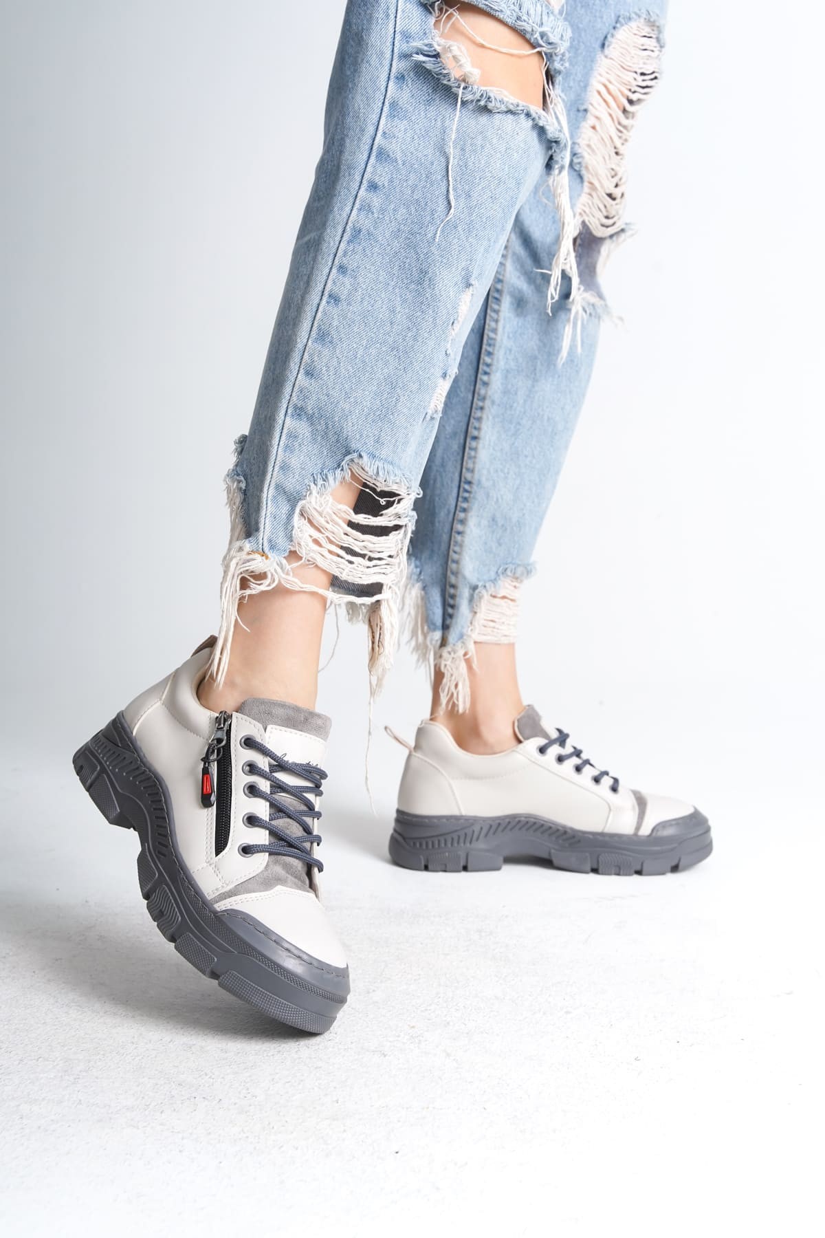 AGATHA Bağcıklı Fermuarlı Ortopedik Taban Kadın Sneaker Spor Ayakkabı GT - Krem