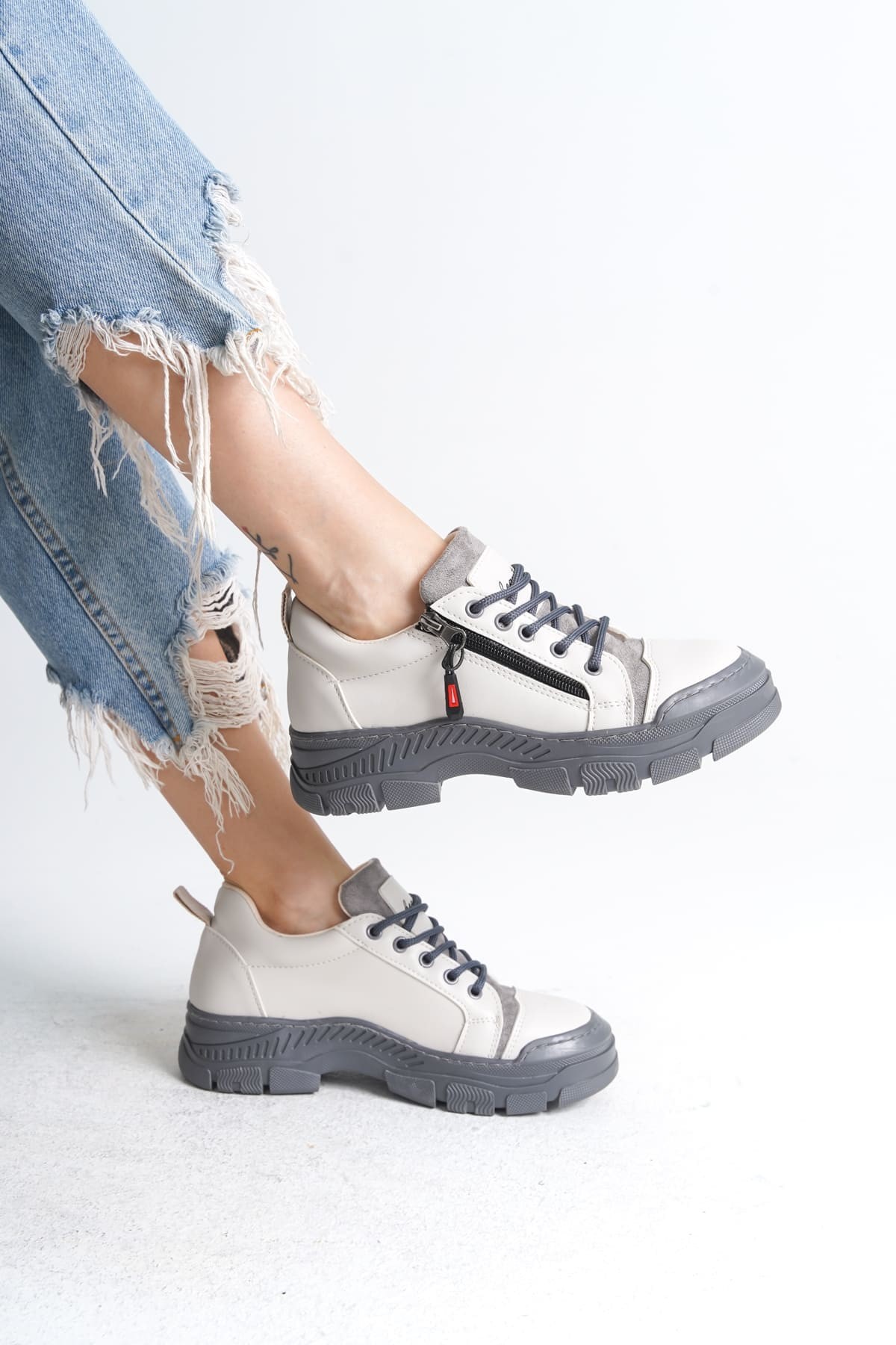 AGATHA Bağcıklı Fermuarlı Ortopedik Taban Kadın Sneaker Spor Ayakkabı GT - Krem