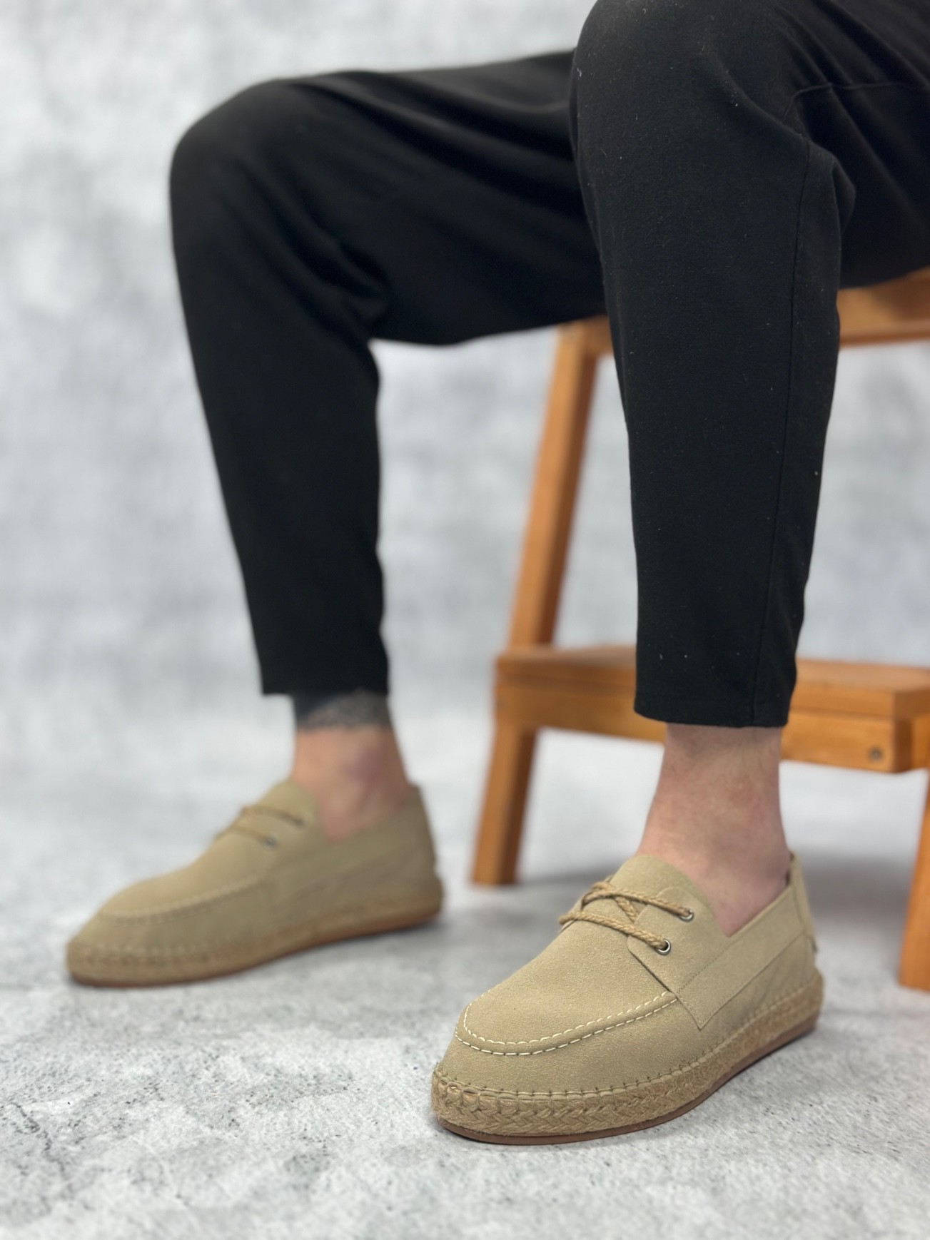 BA0358 Doğal Deri Tozu Bağcıklı Kauçuk El Yapımı Espadril Taban Bej Renk Erkek Ayakkabı