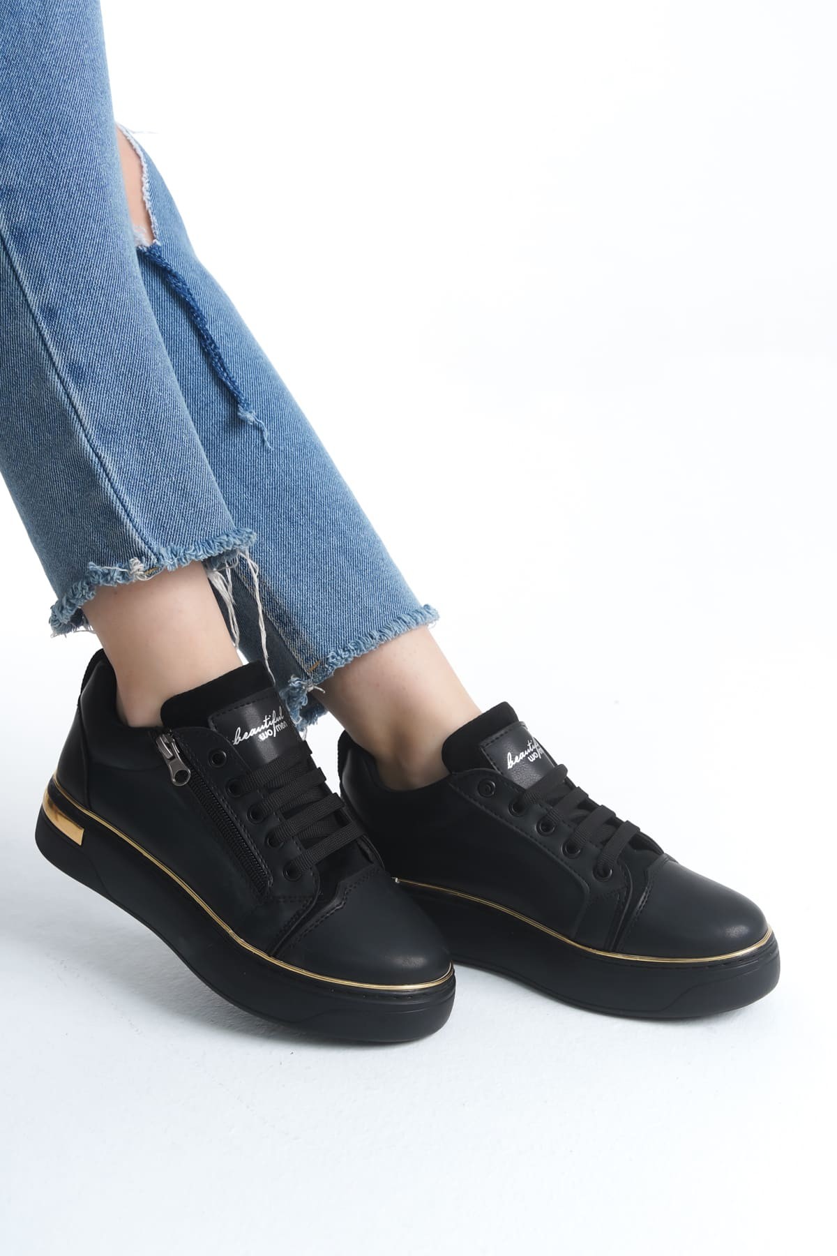 DINA Bağcıklı Fermuarlı Ortopedik Taban Kadın Sneaker Spor Ayakkabı ST - Siyah/Altın