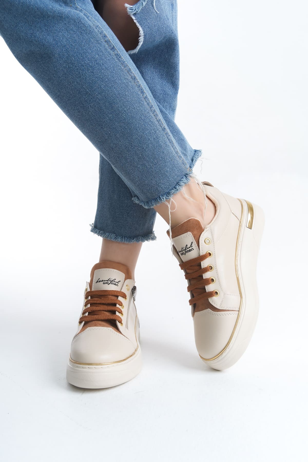 DINA Bağcıklı Fermuarlı Ortopedik Taban Kadın Sneaker Spor Ayakkabı KT - Krem/Taba/Altın