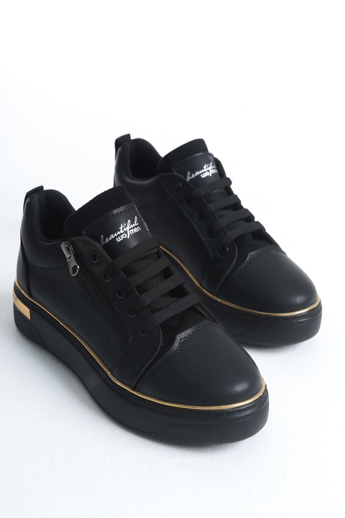 DINA Bağcıklı Fermuarlı Ortopedik Taban Kadın Sneaker Spor Ayakkabı ST - Siyah/Altın