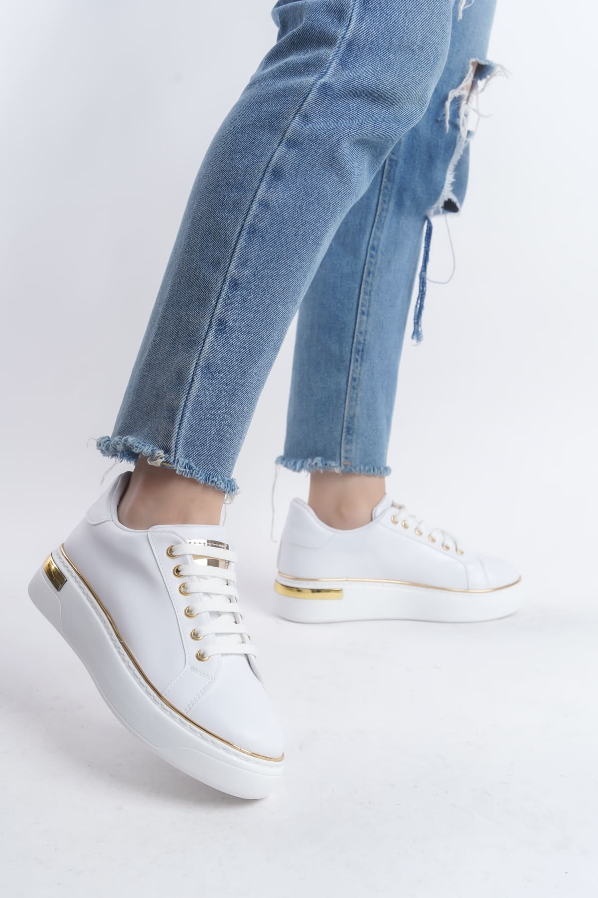 MINA Bağcıklı Ortopedik Taban Kadın Sneaker Spor Ayakkabı BT - Beyaz/Altın