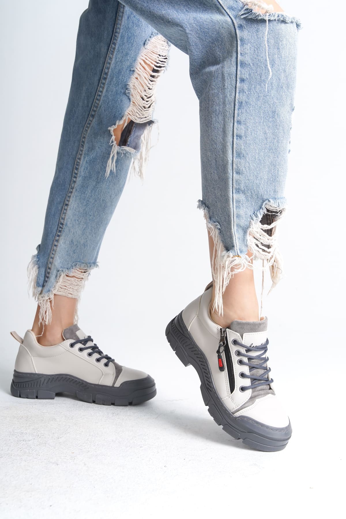 AGATHA Bağcıklı Fermuarlı Ortopedik Taban Kadın Sneaker Spor Ayakkabı GT - Krem