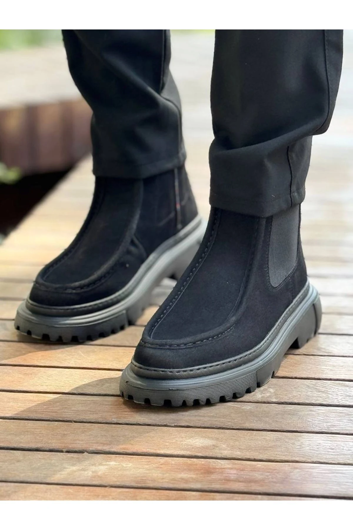 YG2433 Erkek Fermuarlı Klasik Cilt Bot Siyah - CST - siyah-süet-sst