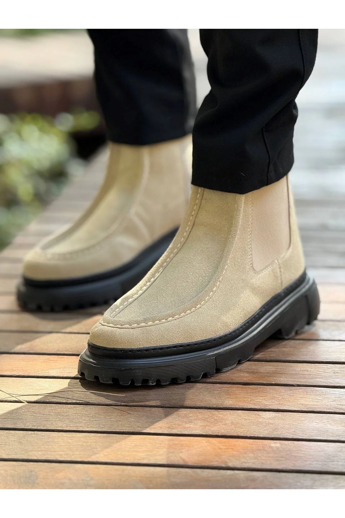 YG2433 Erkek Fermuarlı Klasik Cilt Bot Siyah - CST - kum-süet-sst