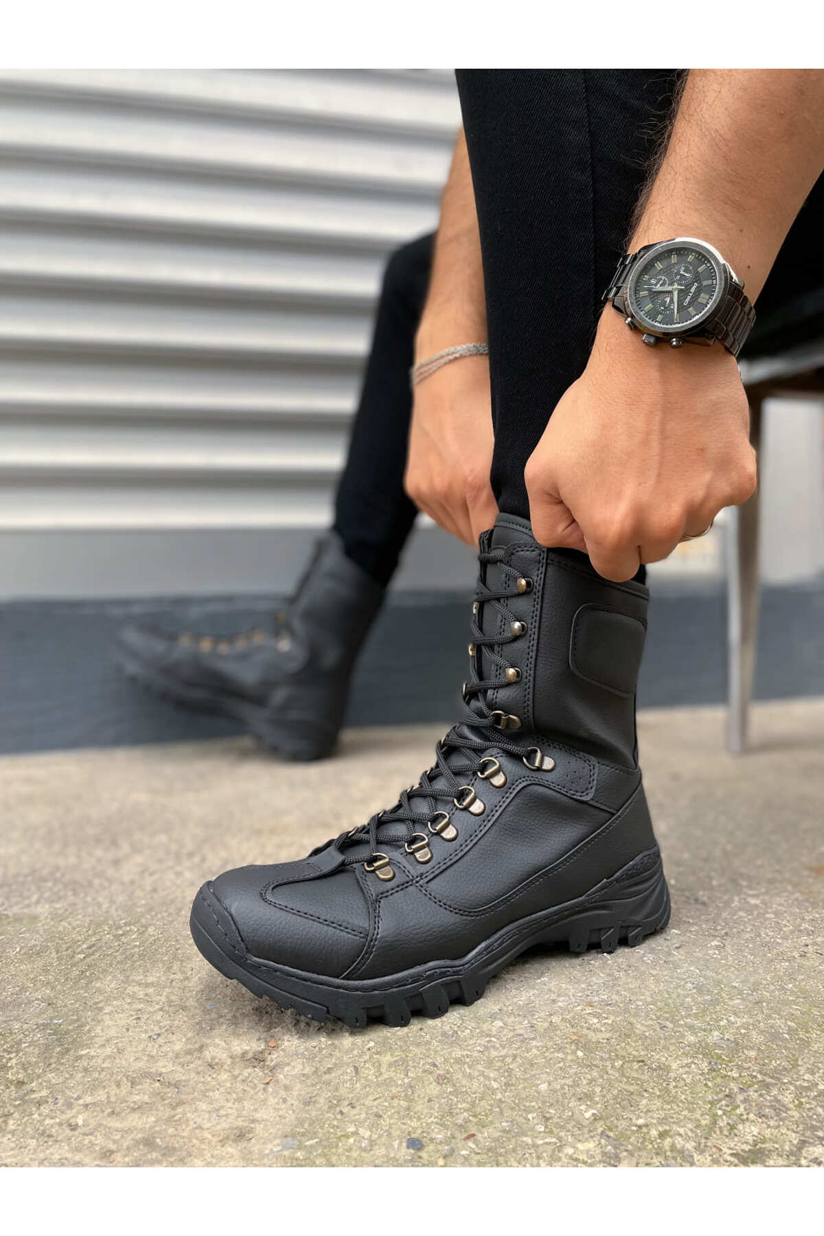 JY999 Strike Bağcıklı Ortopedik Taban Günlük Cilt Erkek Askeri Postal Bot CST Siyah