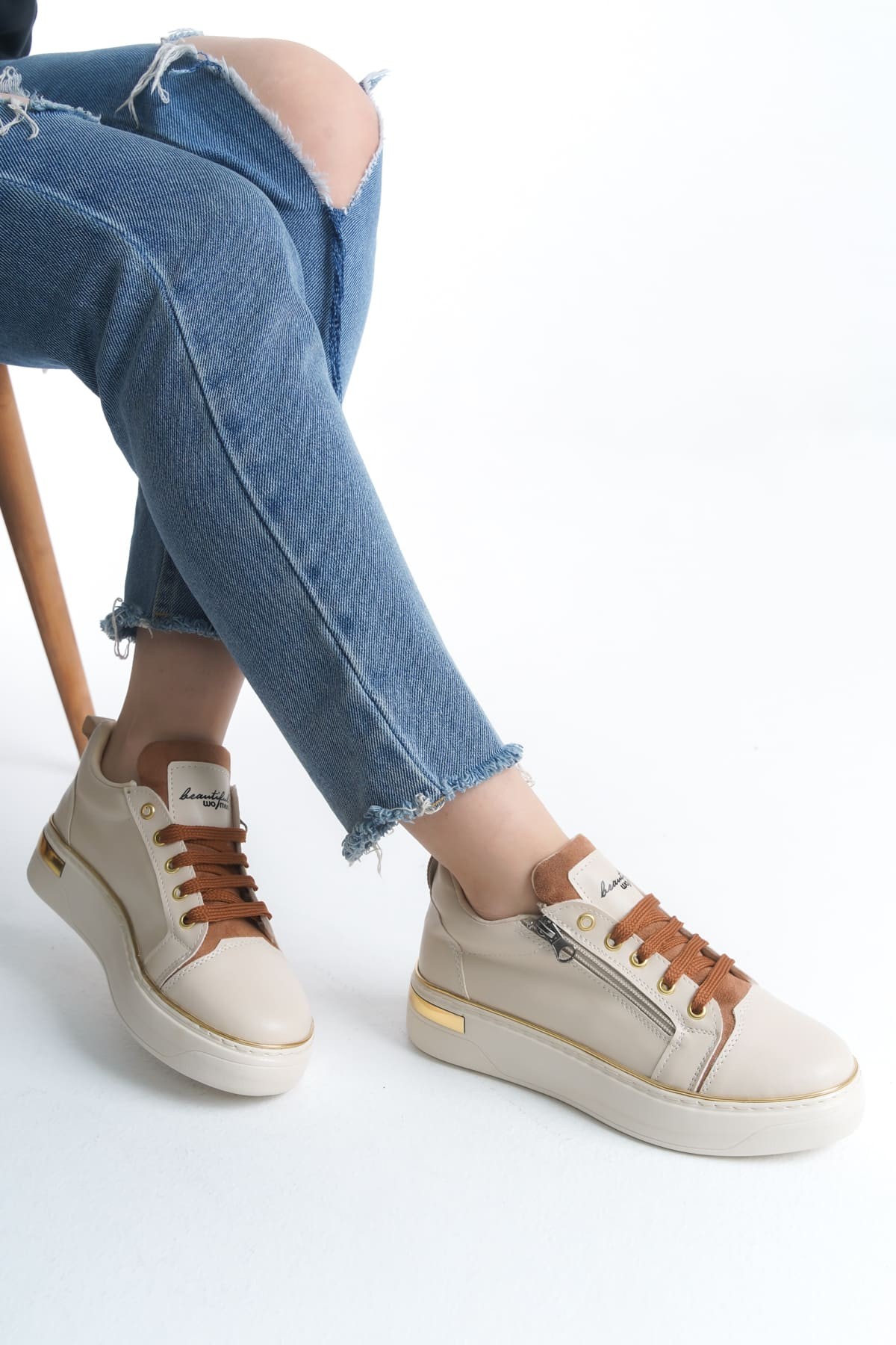 DINA Bağcıklı Fermuarlı Ortopedik Taban Kadın Sneaker Spor Ayakkabı KT - Krem/Taba/Altın