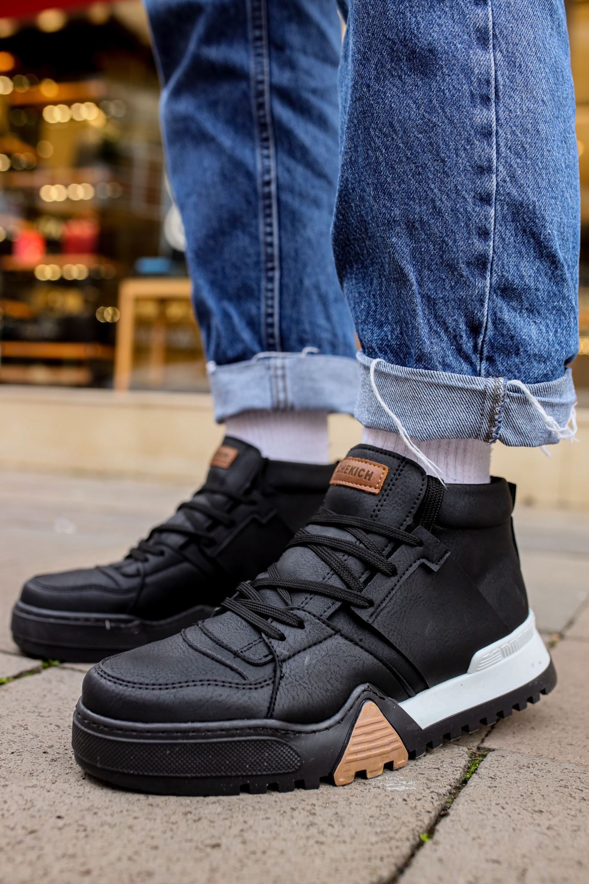 YG057 Ghost Line Erkek Spor Günlük Bağcıklı Cilt Bot CABT - Antrasit/Beyaz - siyah-cilt-csbt