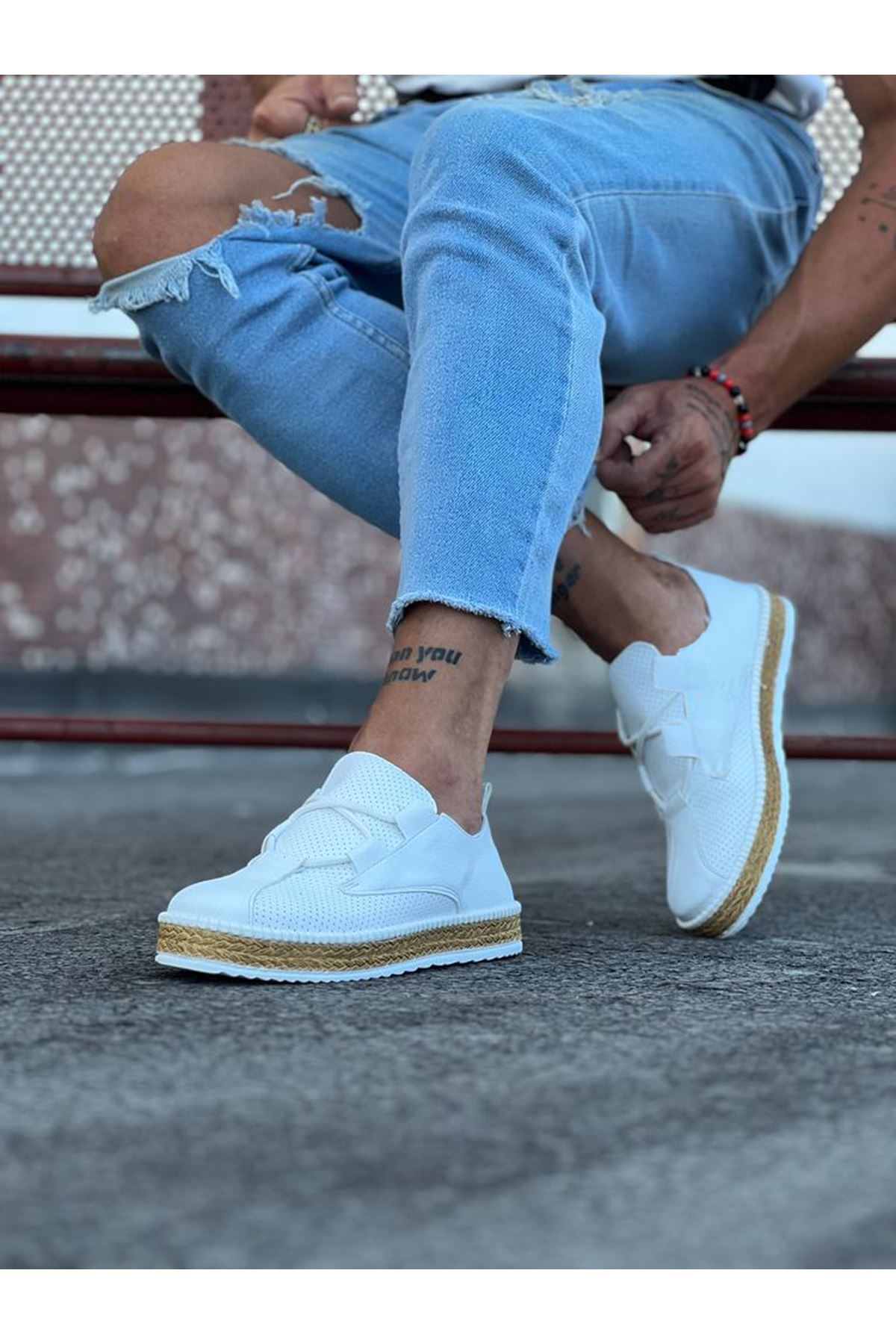 YG015 Erkek Günlük Bağcıklı Hasır Taban Cilt Klasik Ayakkabı CHT - Beyaz