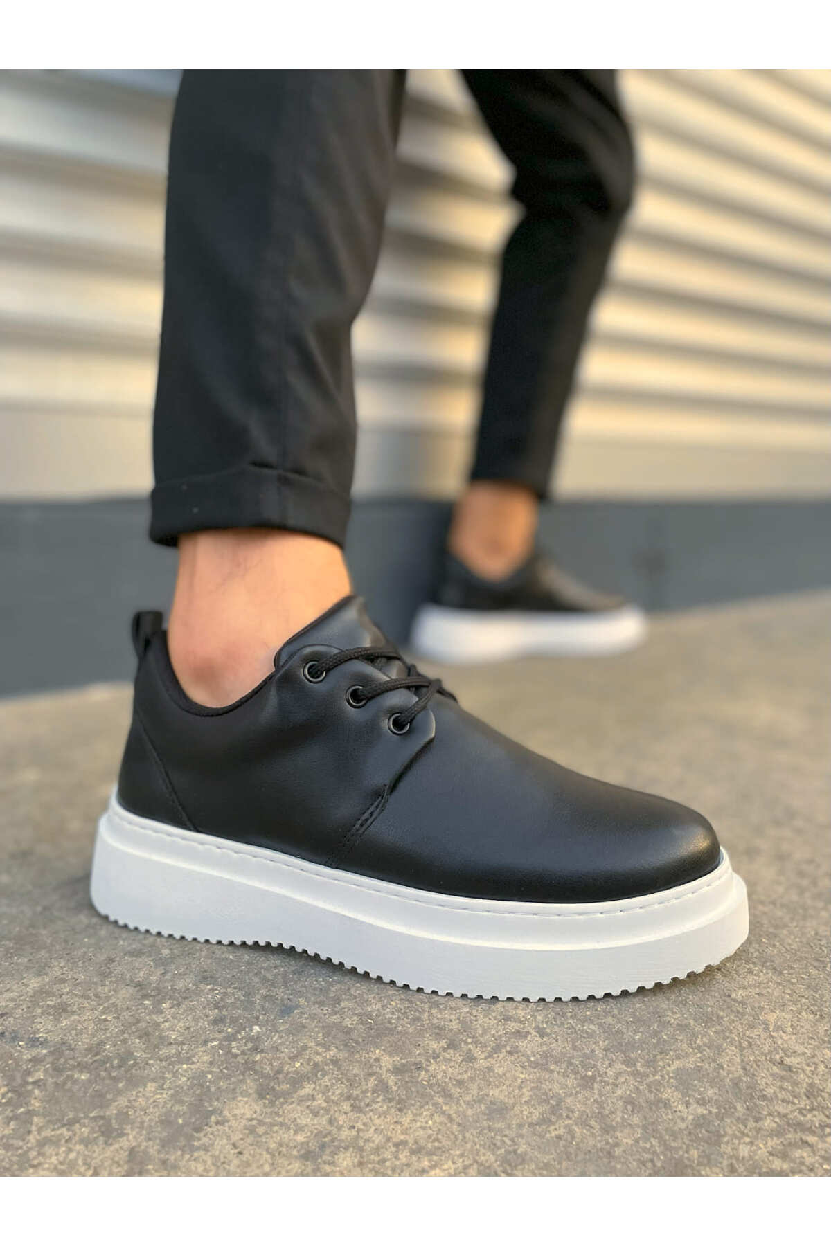 JY03 Luxor Bağcıklı Cilt Erkek Günlük Spor Klasik Ayakkabı CBT - Beyaz - siyah-cilt-cbt