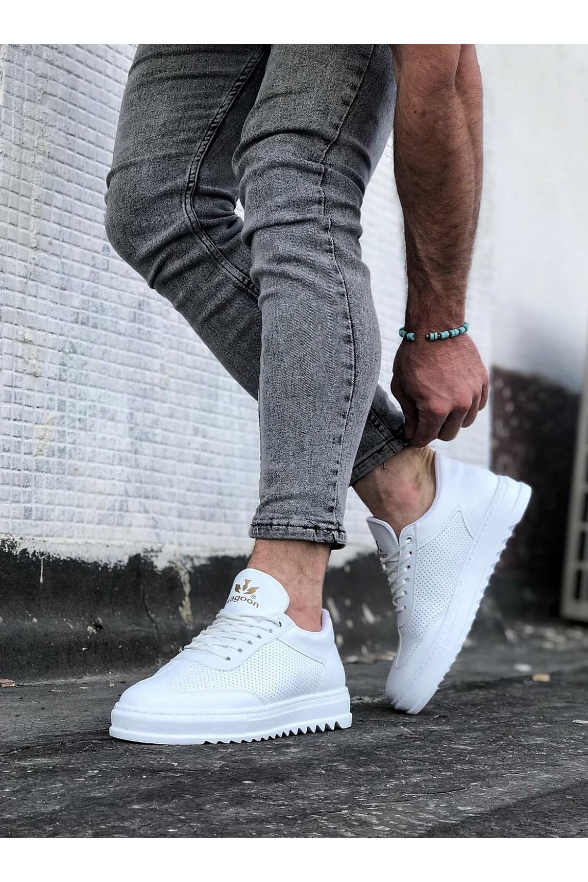 YG022 Erkek Günlük Bağcıklı Delikli Desen Cilt Spor Sneaker Ayakkabı CBT - Beyaz
