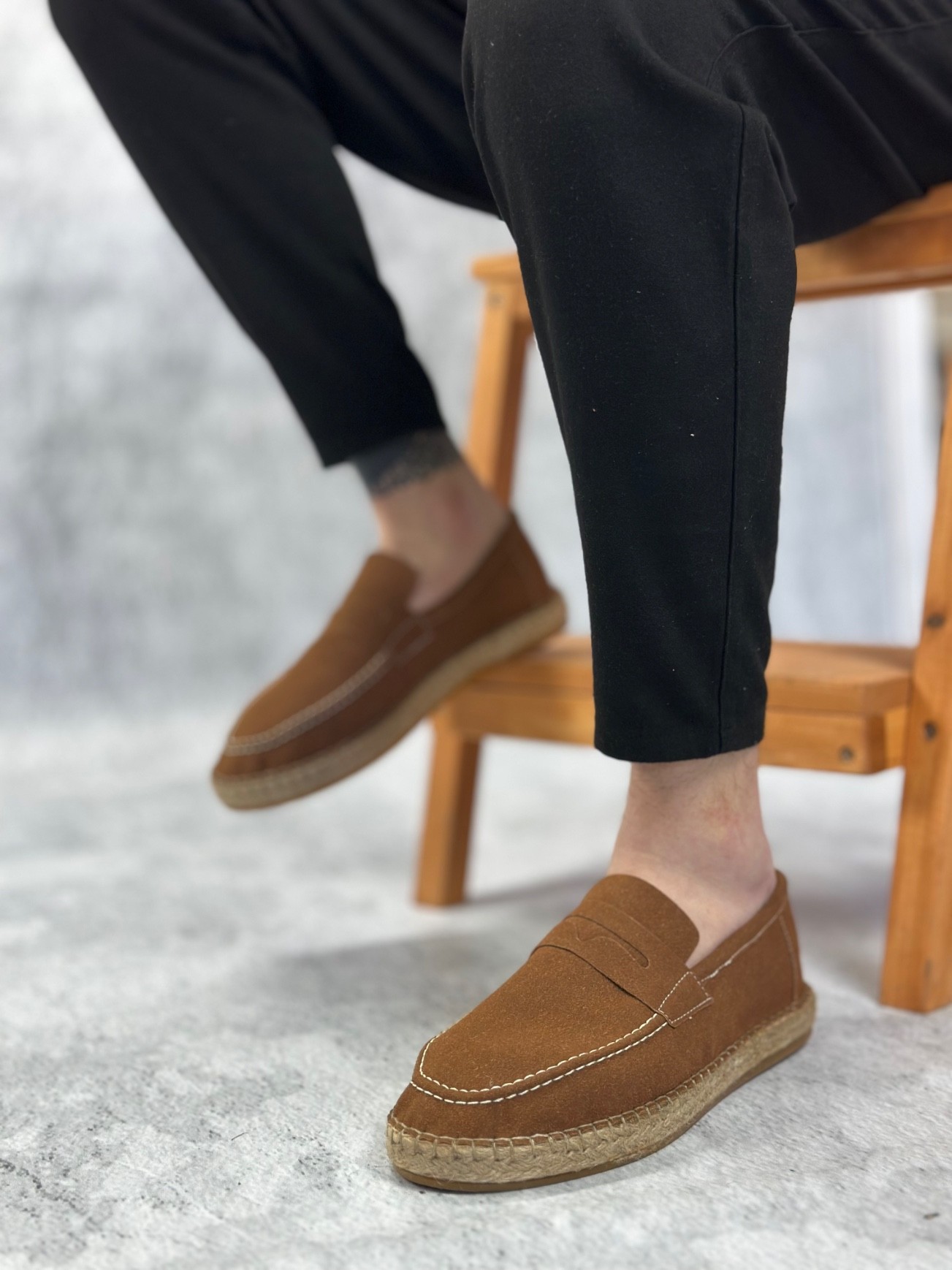 BA0359 Doğal Deri Tozu Bağcıksız Kauçuk El Yapımı Espadril Taban Taba Renk Erkek Ayakkabı