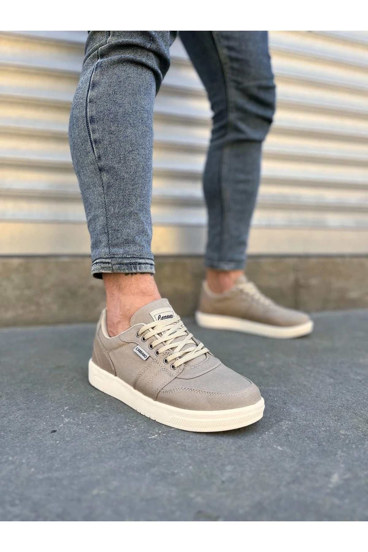 JY0118 REX Bağcıklı Keten Kumaş Erkek Günlük Sneaker Ayakkabı KBT - Lacivert - Bej