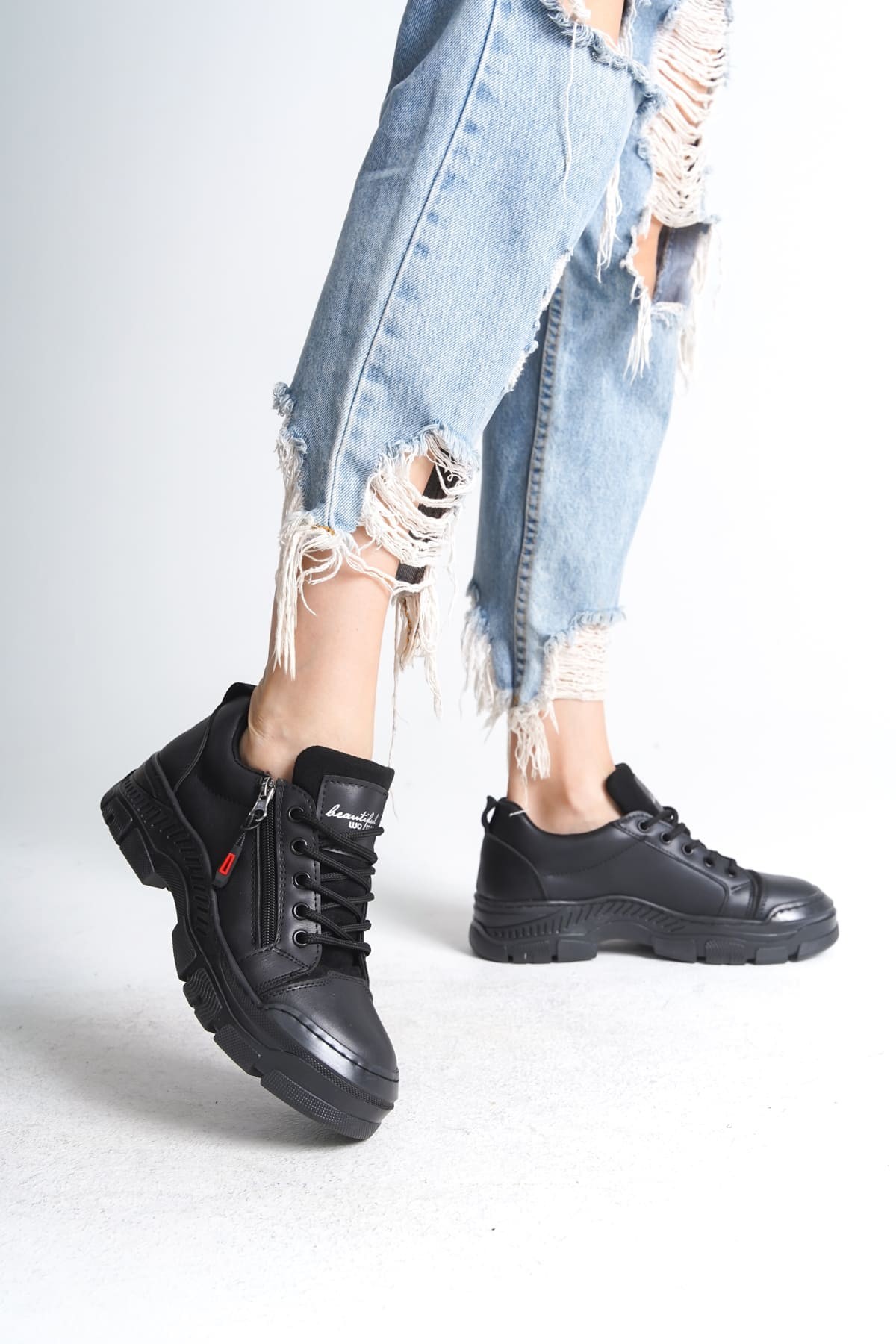 AGATHA Bağcıklı Fermuarlı Ortopedik Taban Kadın Sneaker Spor Ayakkabı ST - Siyah
