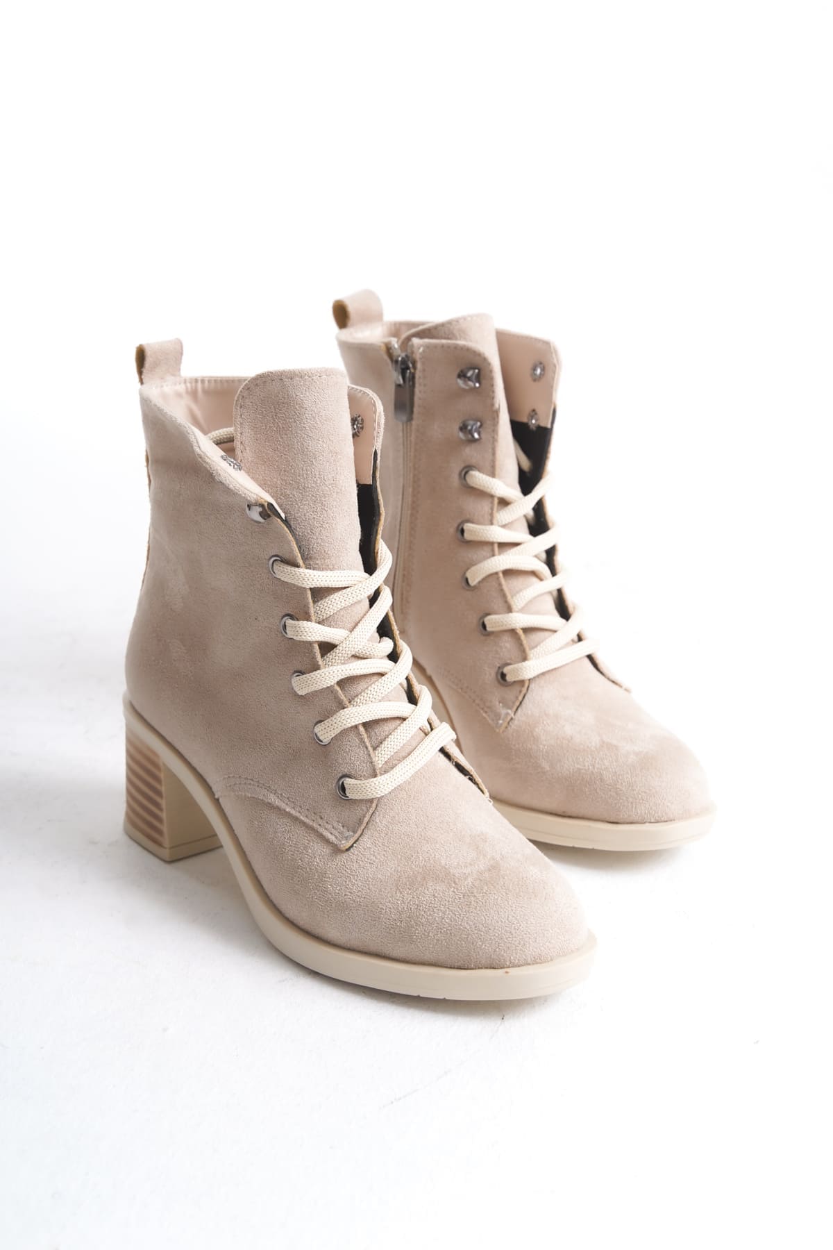 LENA Bağcıklı Fermuarlı Ortopedik Taban Topuklu Süet Kadın Bot TT - Ten
