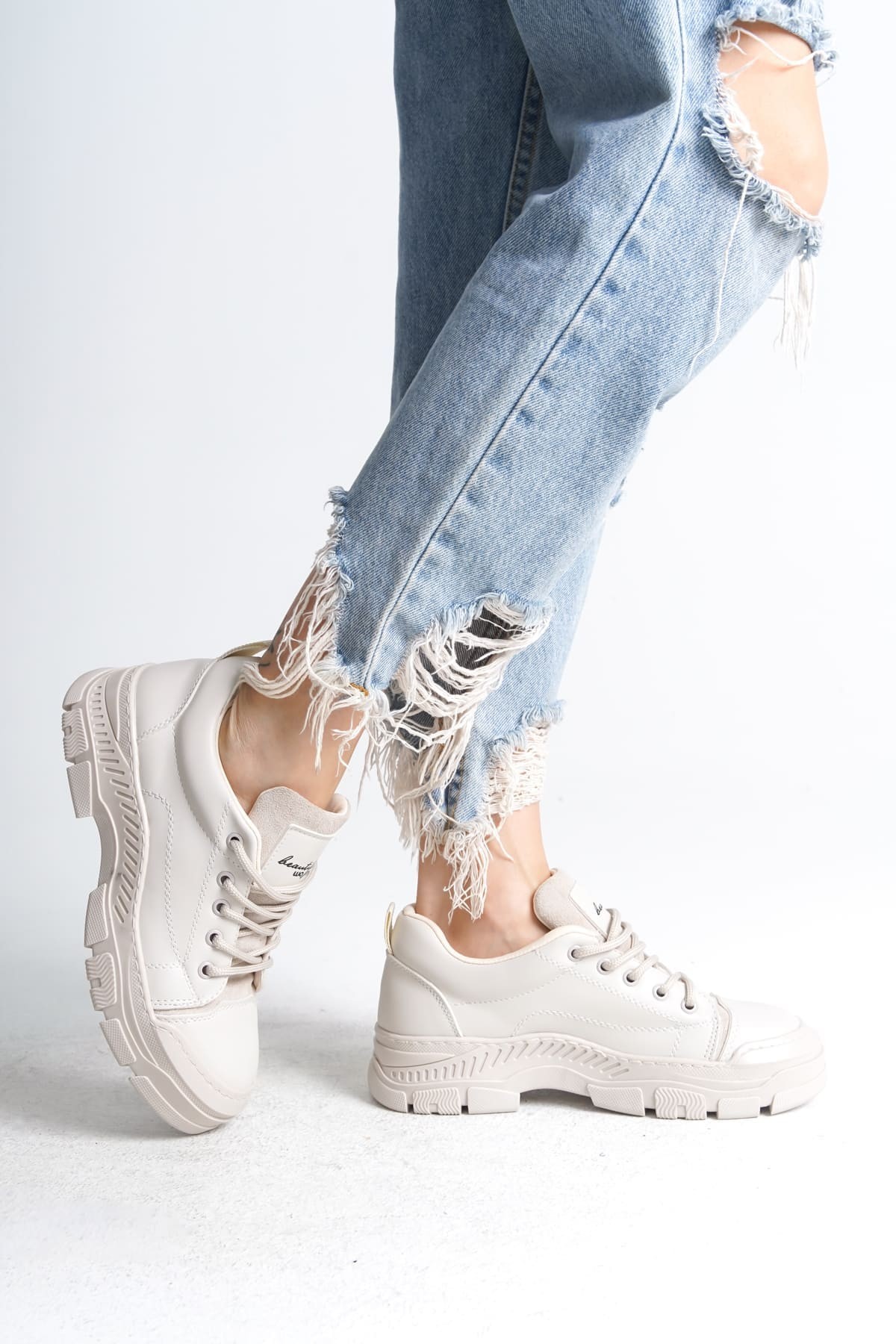 JANE Bağcıklı Ortopedik Taban Kadın Sneaker Spor Ayakkabı KT - Krem