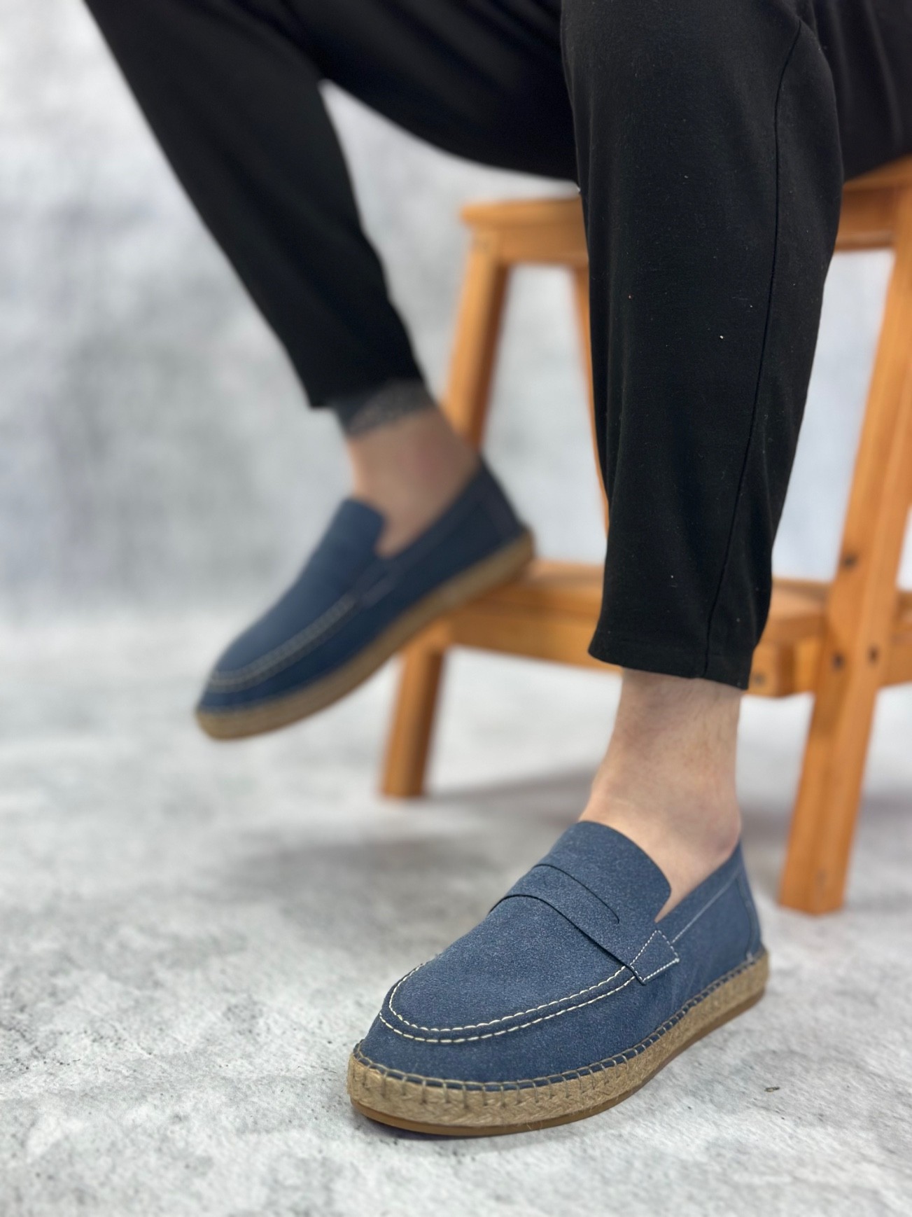 BA0359 Doğal Deri Tozu Bağcıksız Kauçuk El Yapımı Espadril Taban Mavi Renk Erkek Ayakkabı
