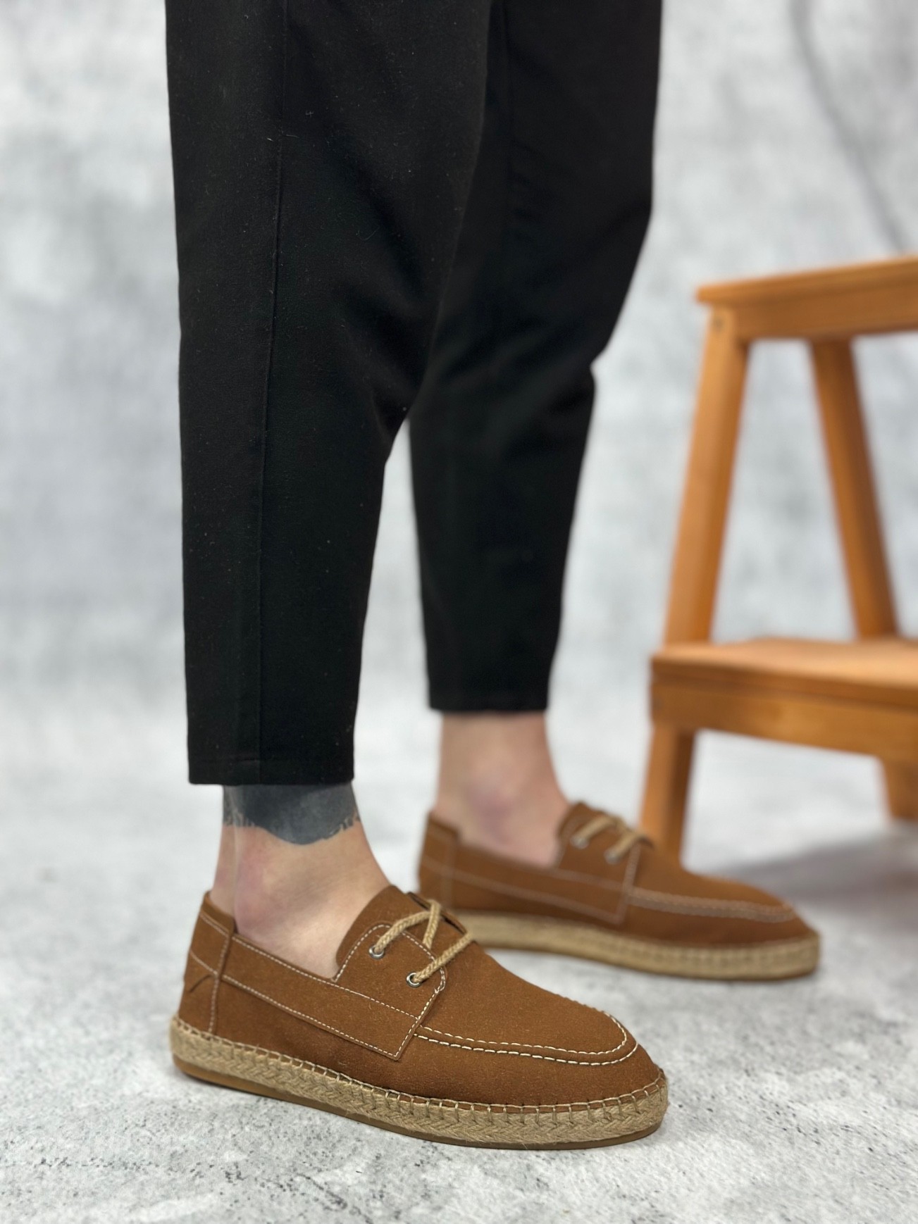 BA0358 Doğal Deri Tozu Bağcıklı Kauçuk El Yapımı Espadril Taban Taba Renk Erkek Ayakkabı