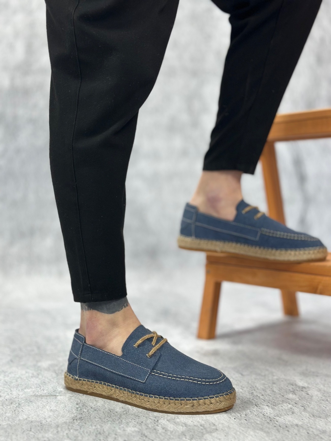BA0358 Doğal Deri Tozu Bağcıklı Kauçuk El Yapımı Espadril Taban Mavi Renk Erkek Ayakkabı